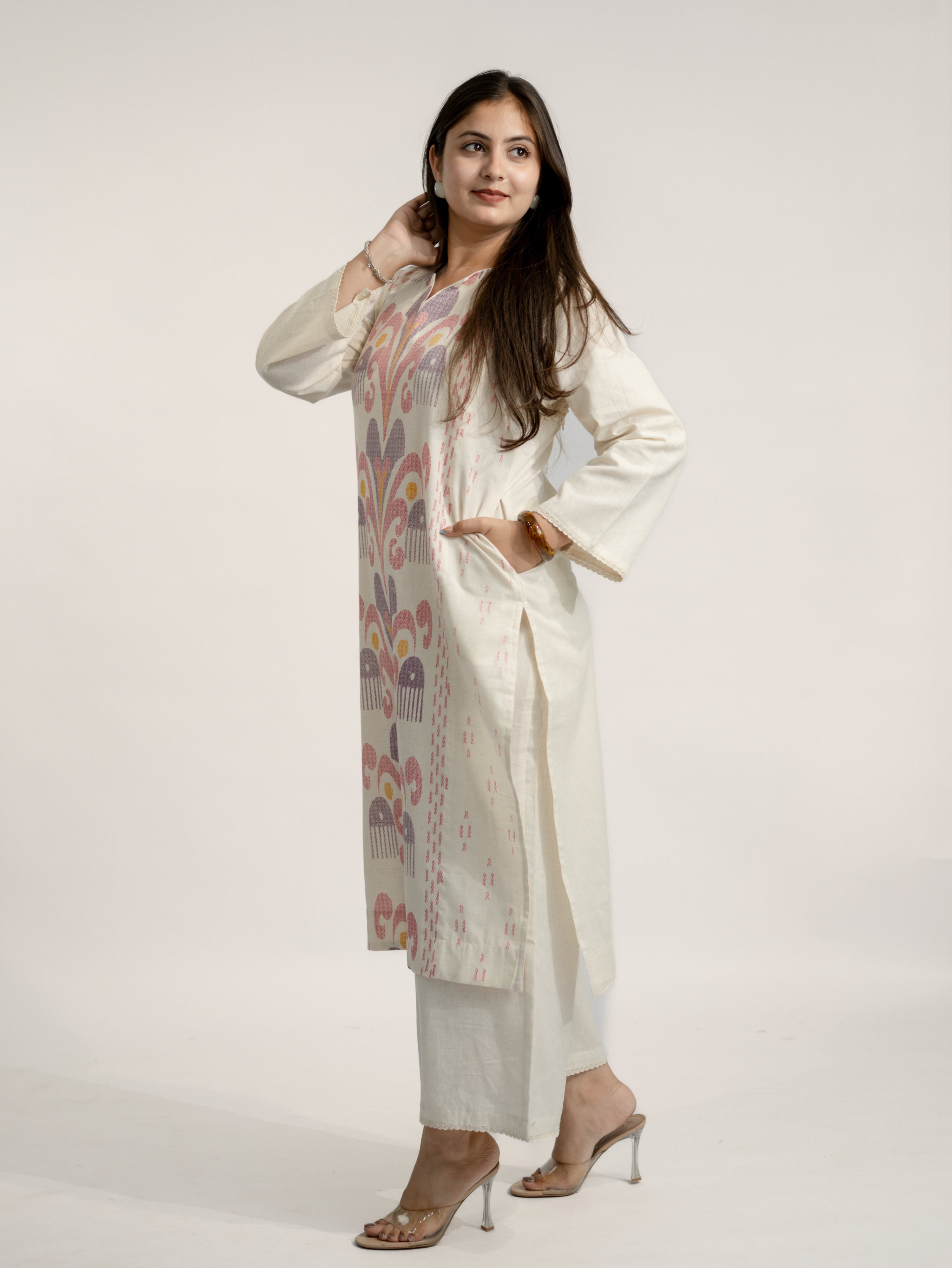 Nancy Offwhite-Pink A-line Cotton Kurta Set
