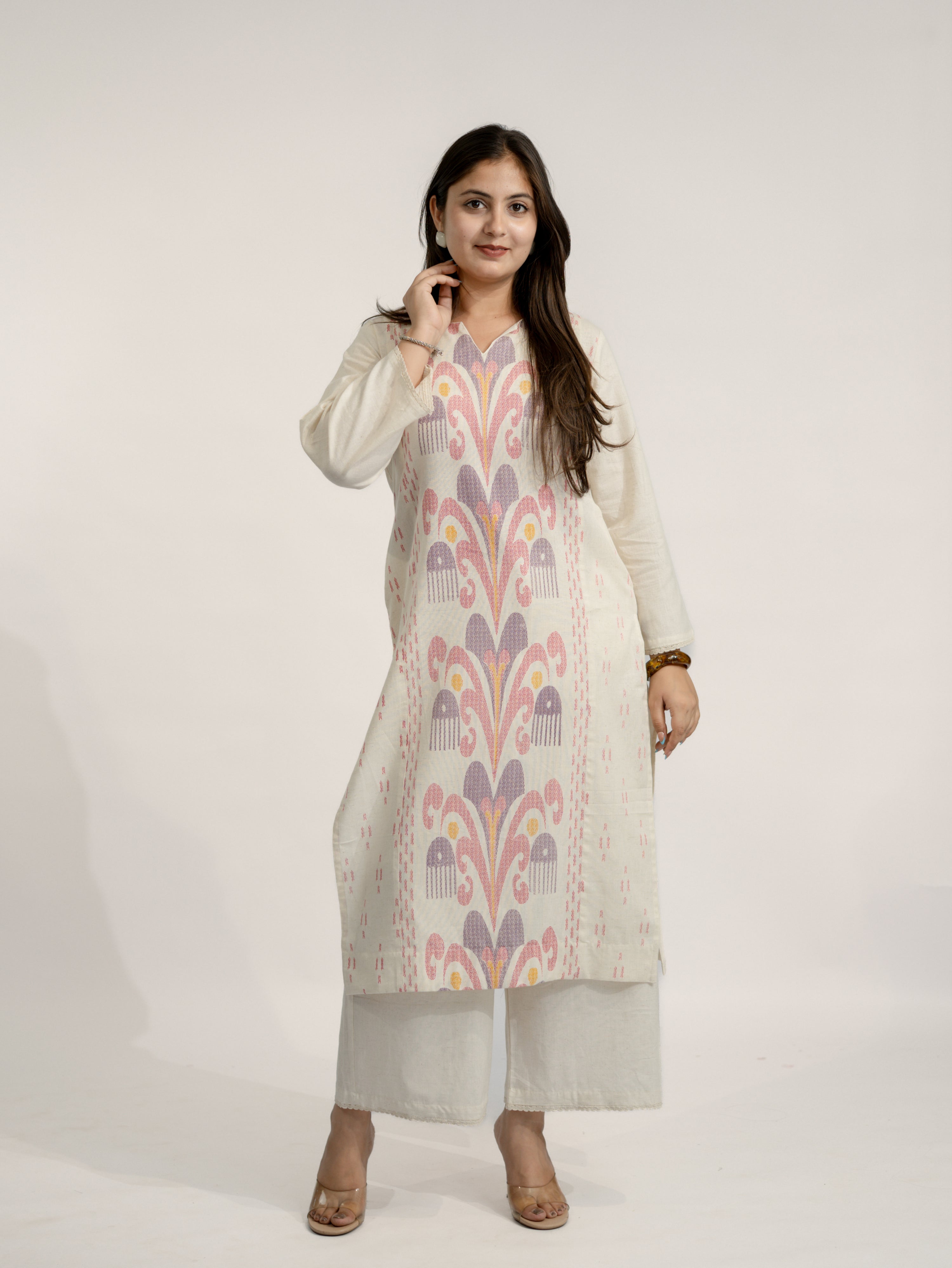 Nancy Offwhite-Pink A-line Cotton Kurta Set