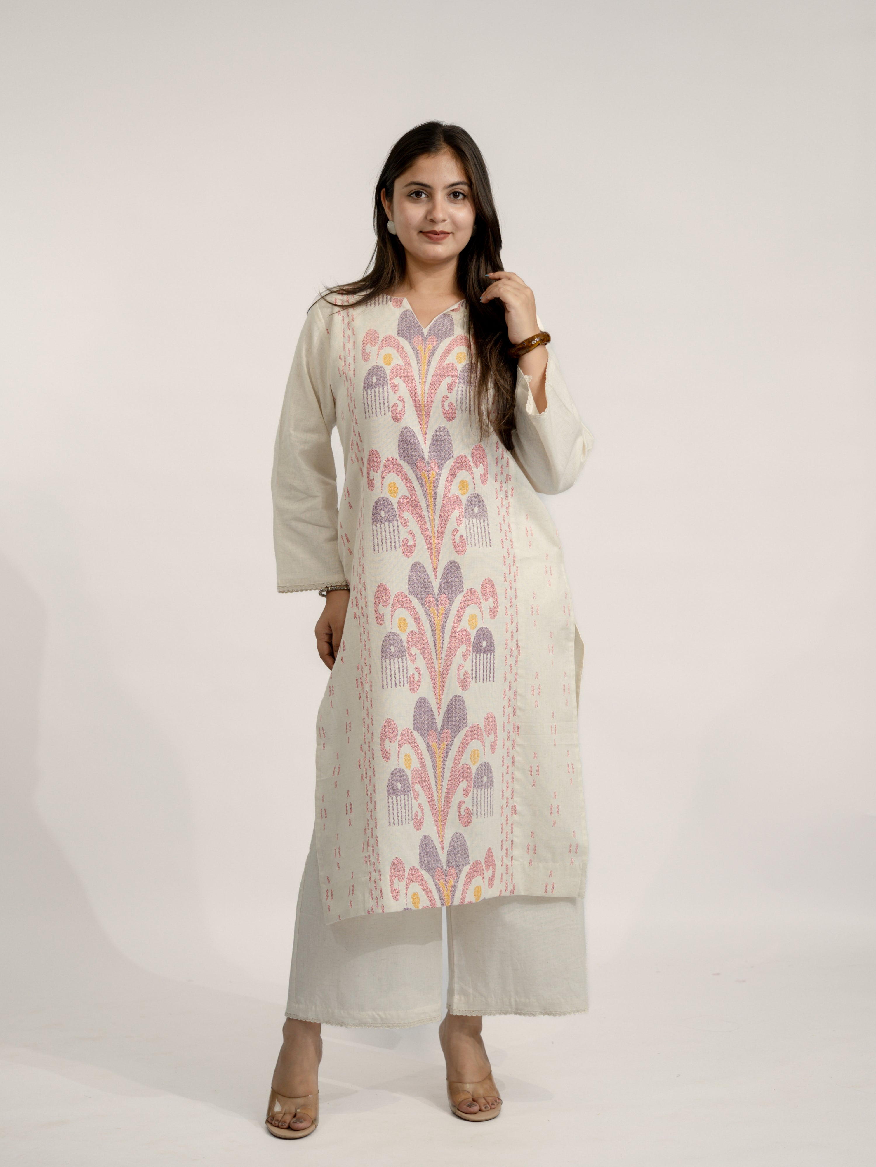 Nancy Offwhite-Pink A-line Cotton Kurta Set