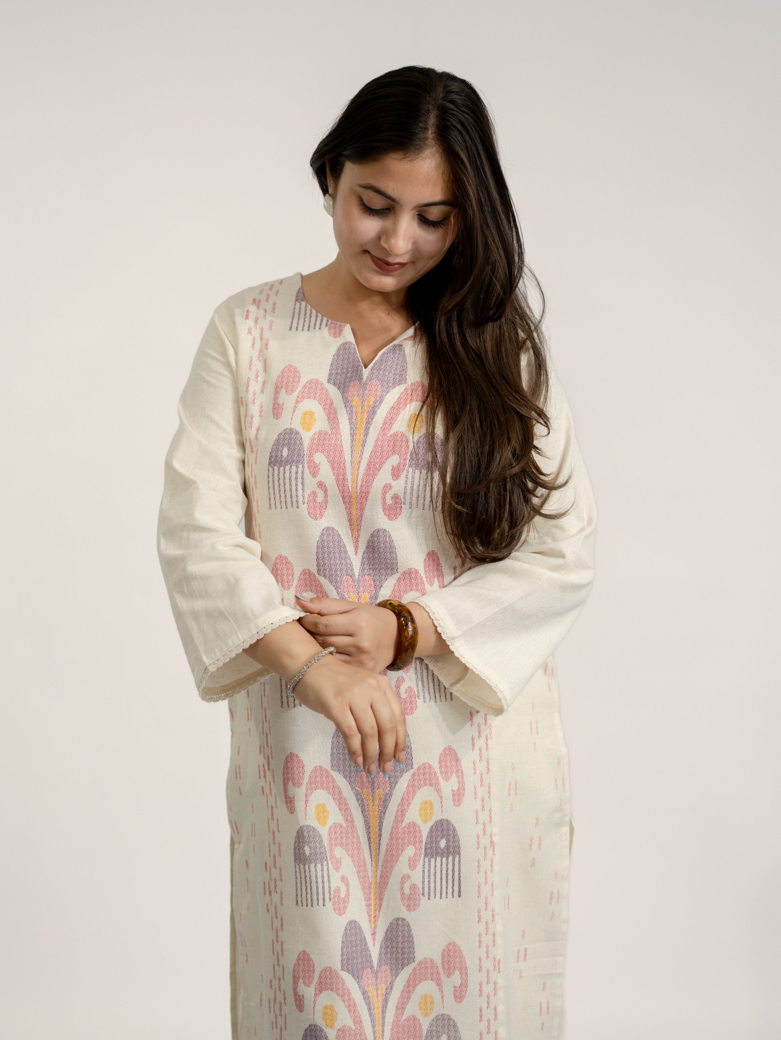 Nancy Offwhite-Pink A-line Cotton Kurta Set