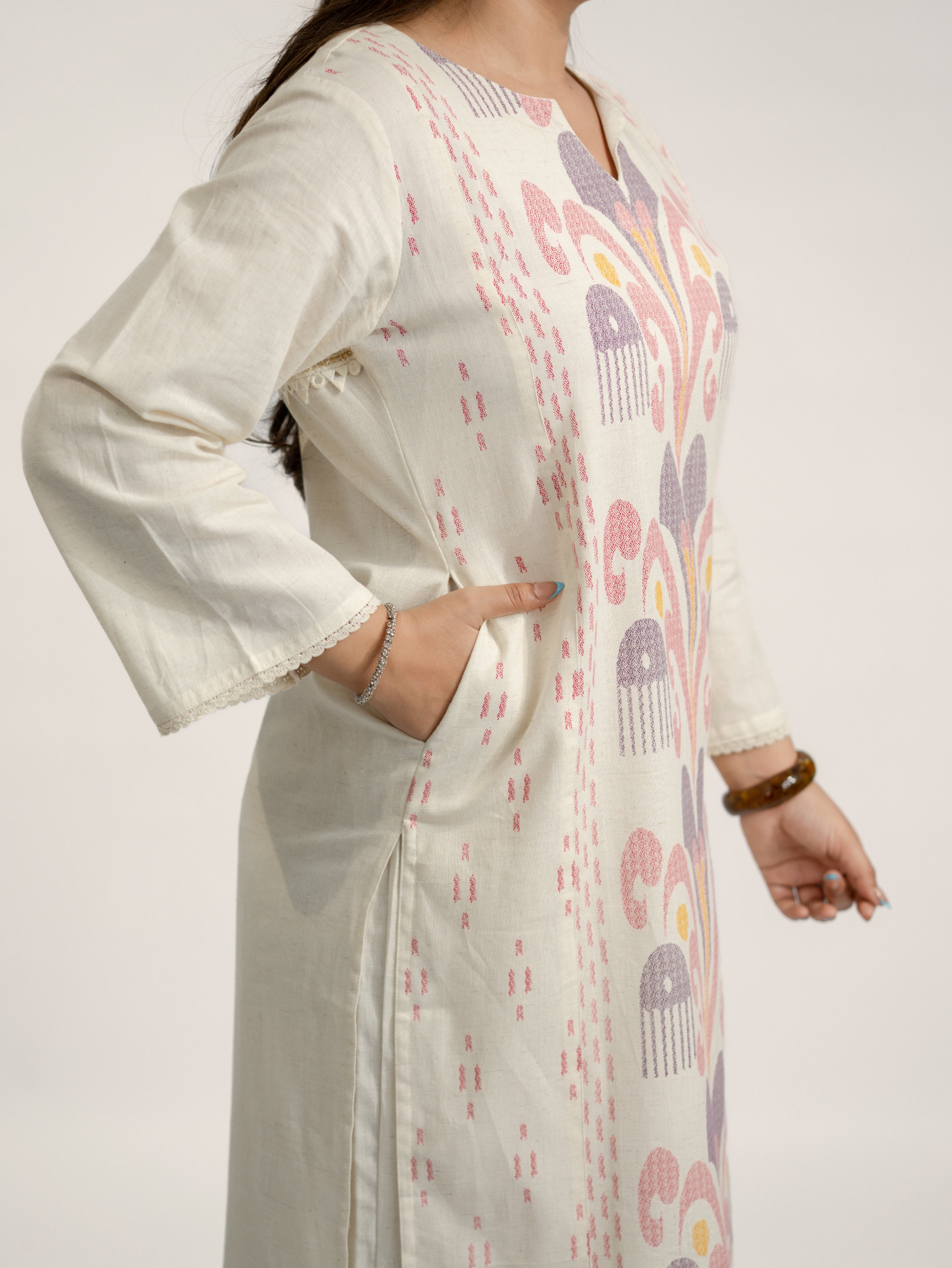 Nancy Offwhite-Pink A-line Cotton Kurta Set
