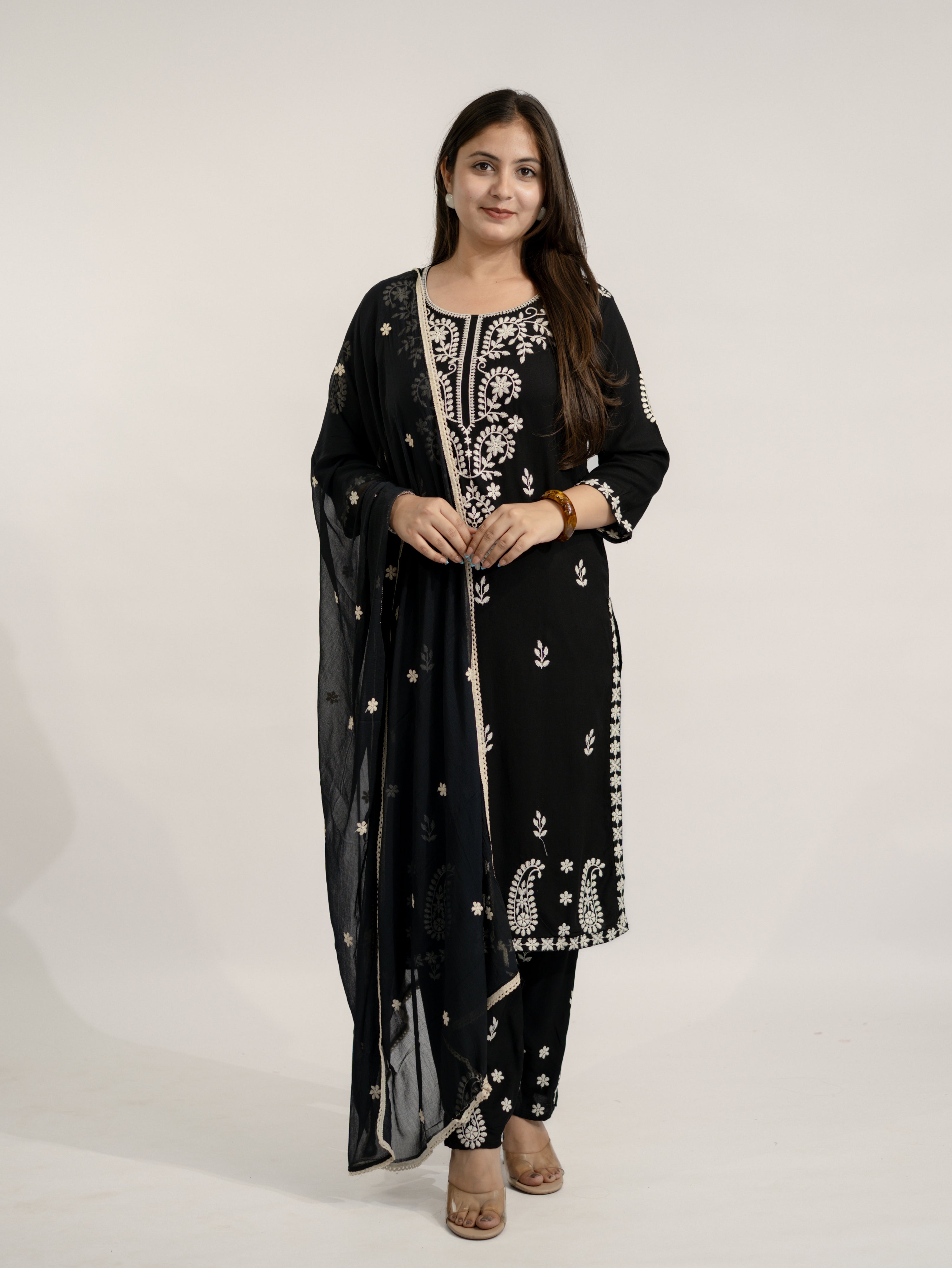 Nutan Black Chikankari Embroidered Dupatta Set