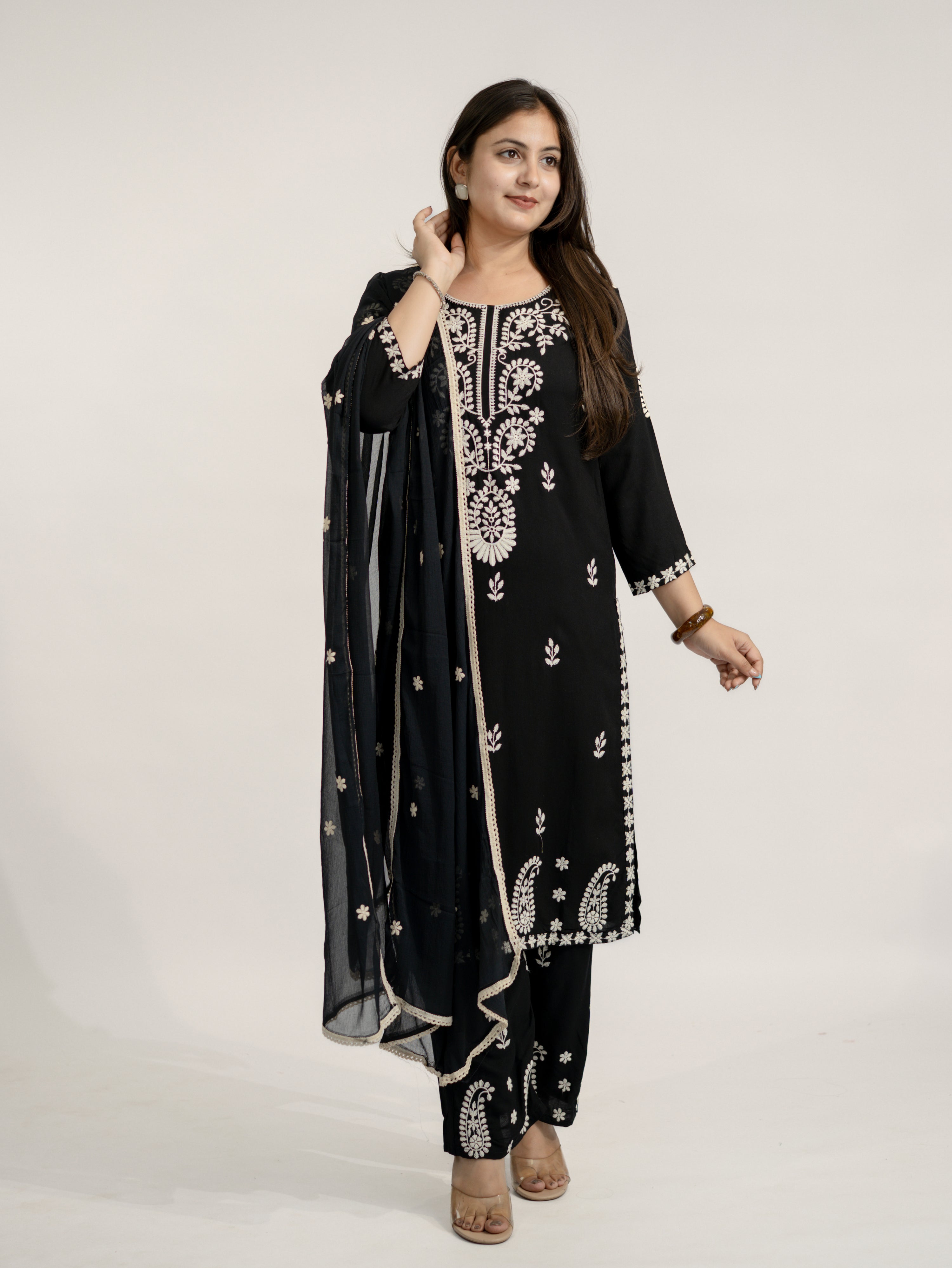 Nutan Black Chikankari Embroidered Dupatta Set
