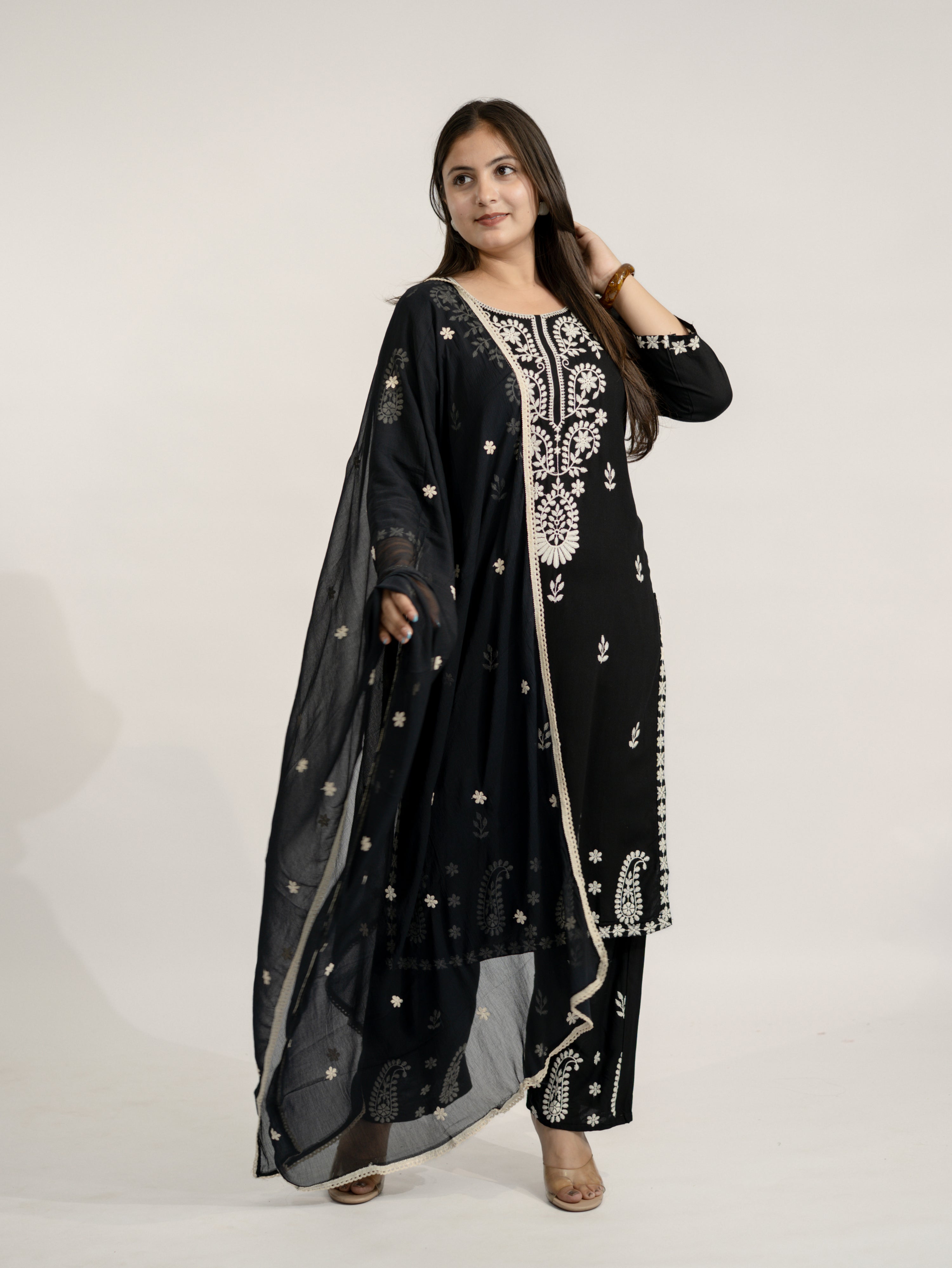 Nutan Black Chikankari Embroidered Dupatta Set