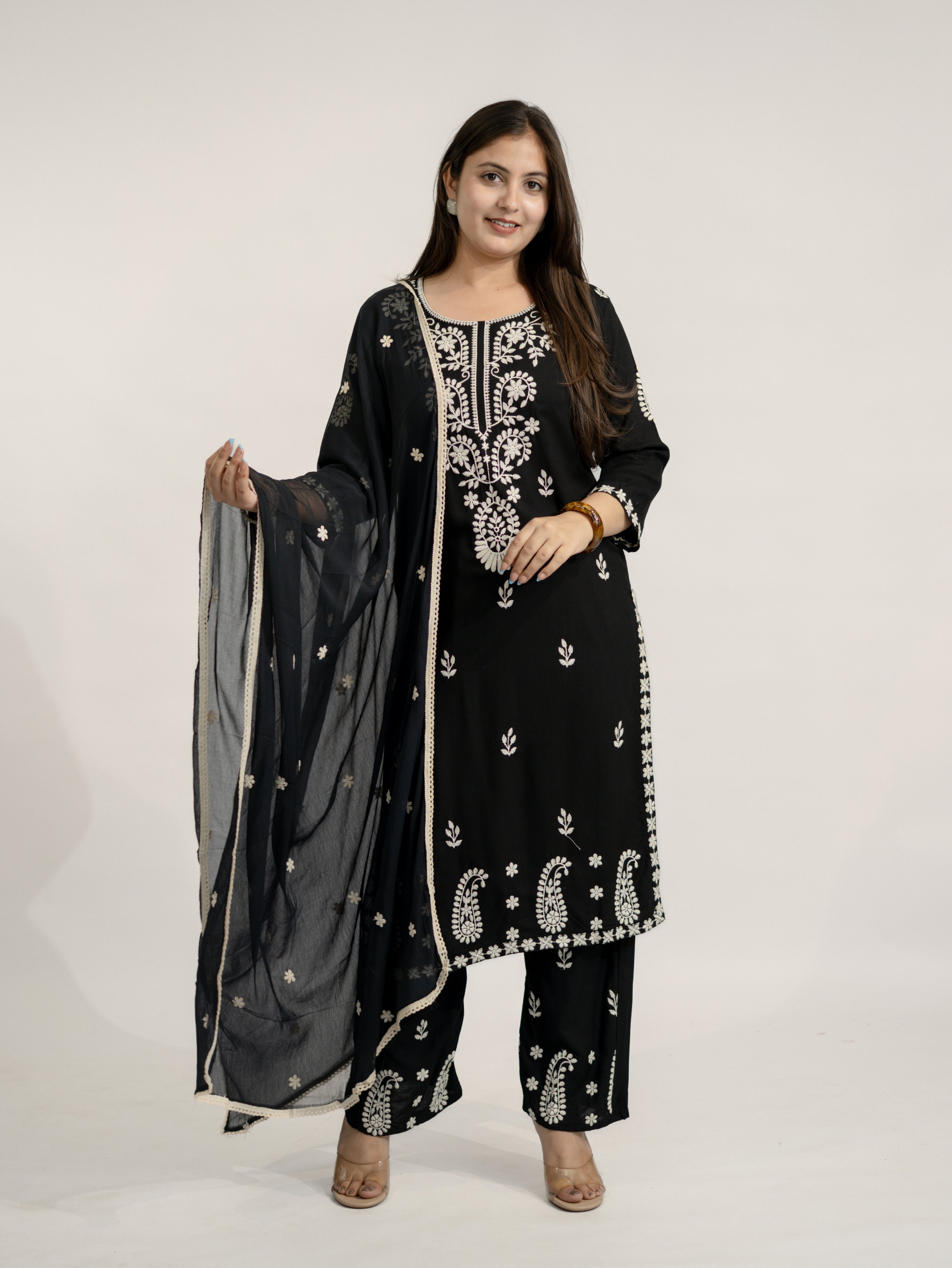 Nutan Black Chikankari Embroidered Dupatta Set