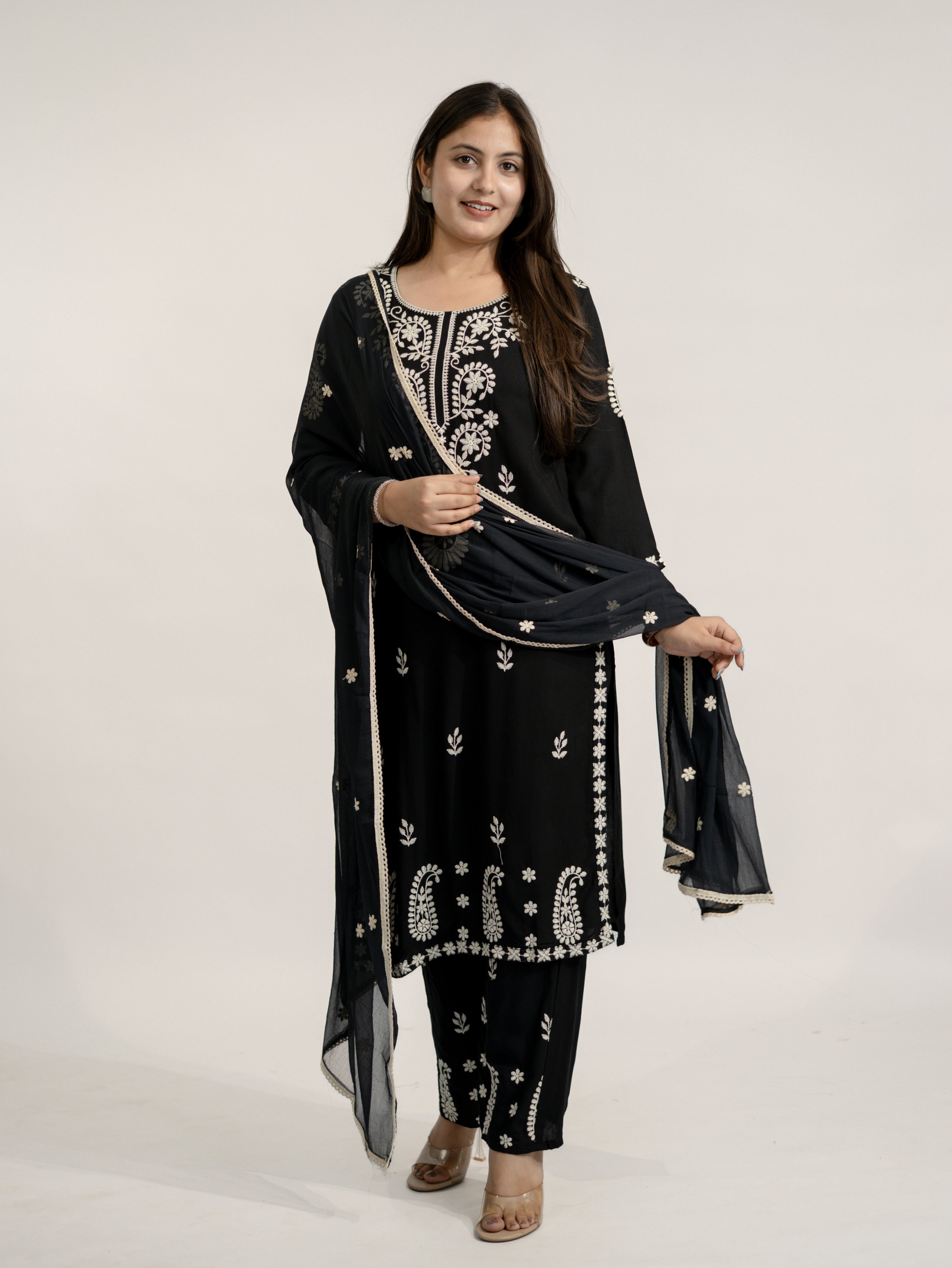 Nutan Black Chikankari Embroidered Dupatta Set