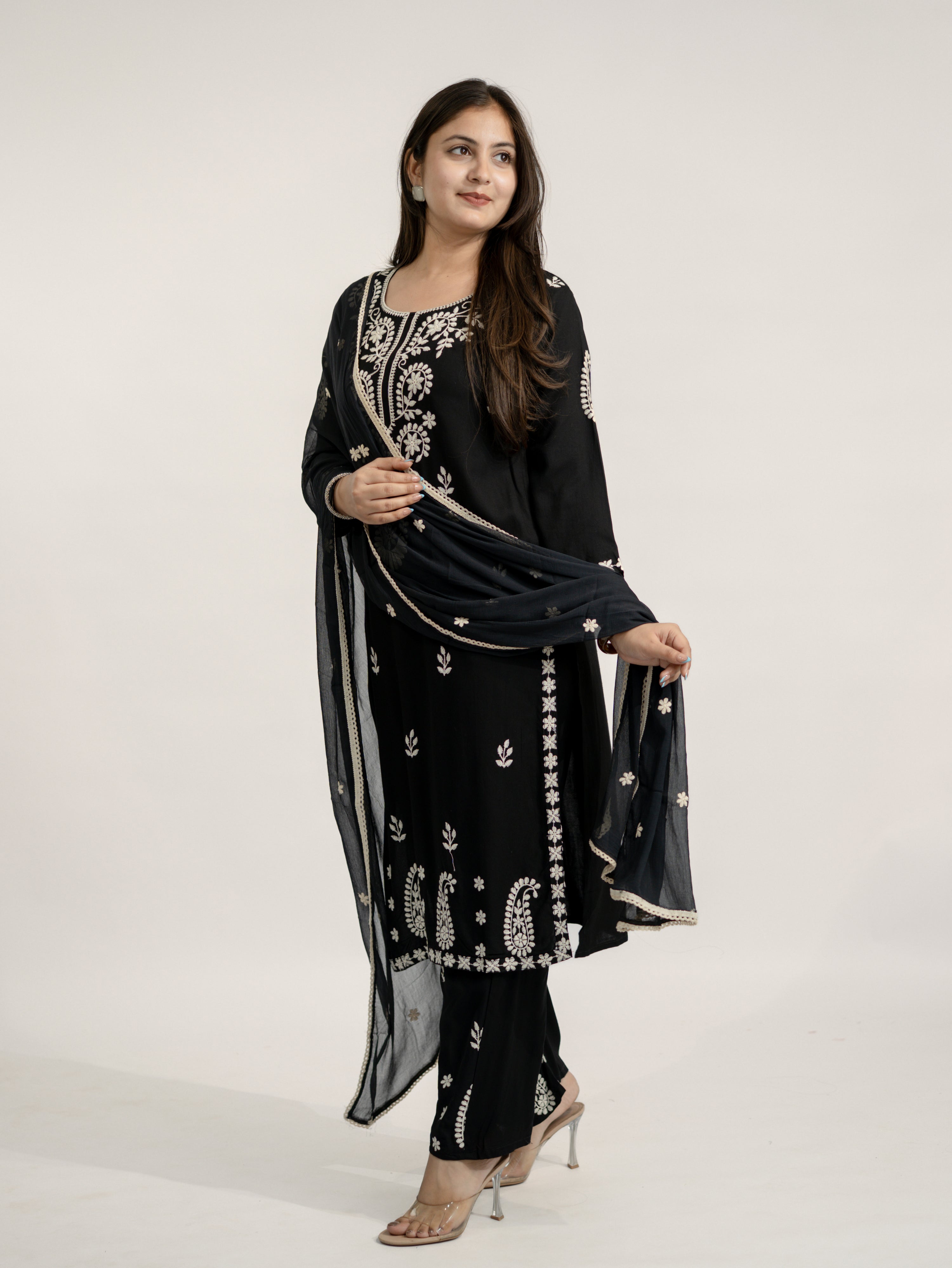 Nutan Black Chikankari Embroidered Dupatta Set
