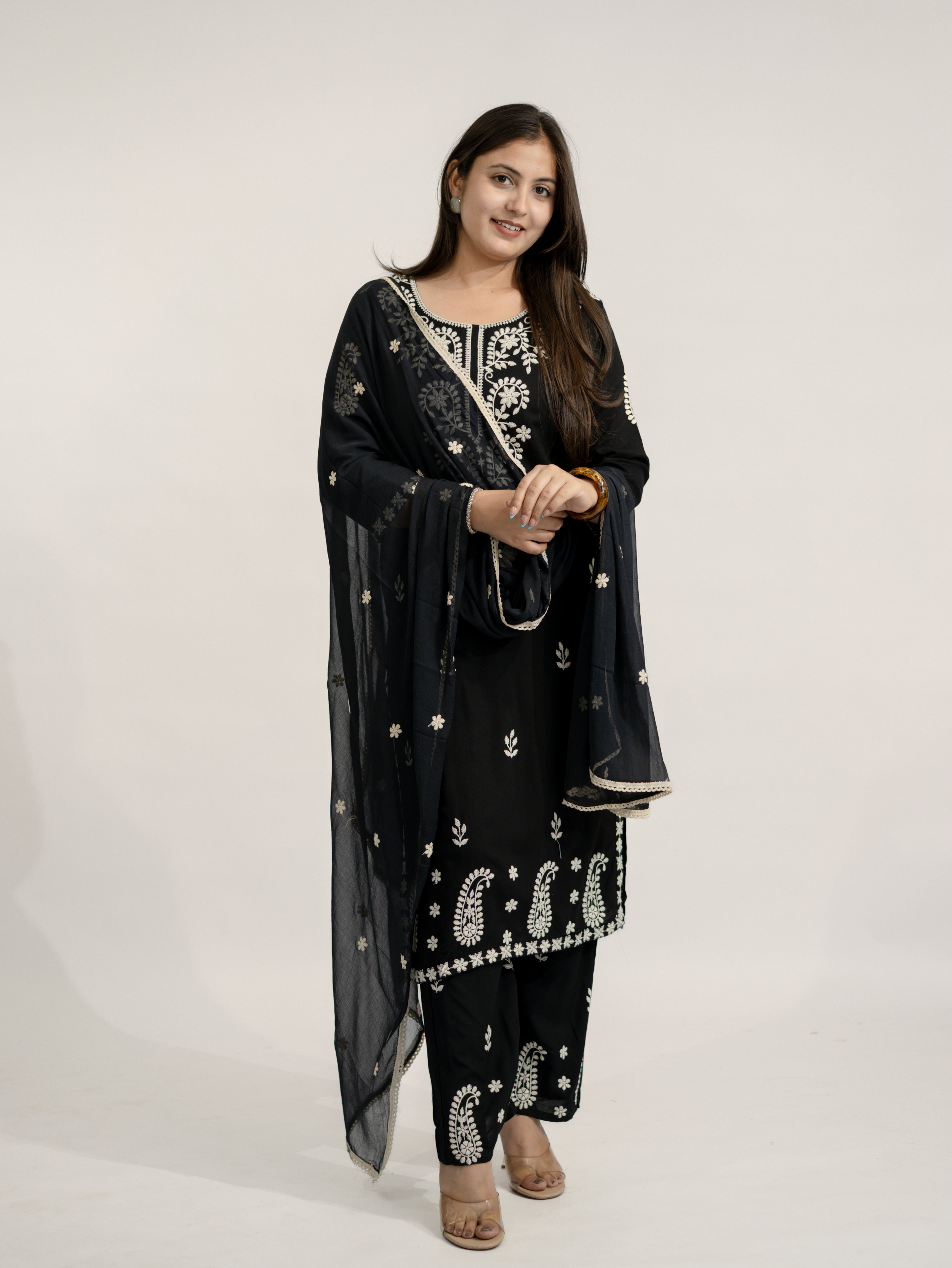 Nutan Black Chikankari Embroidered Dupatta Set