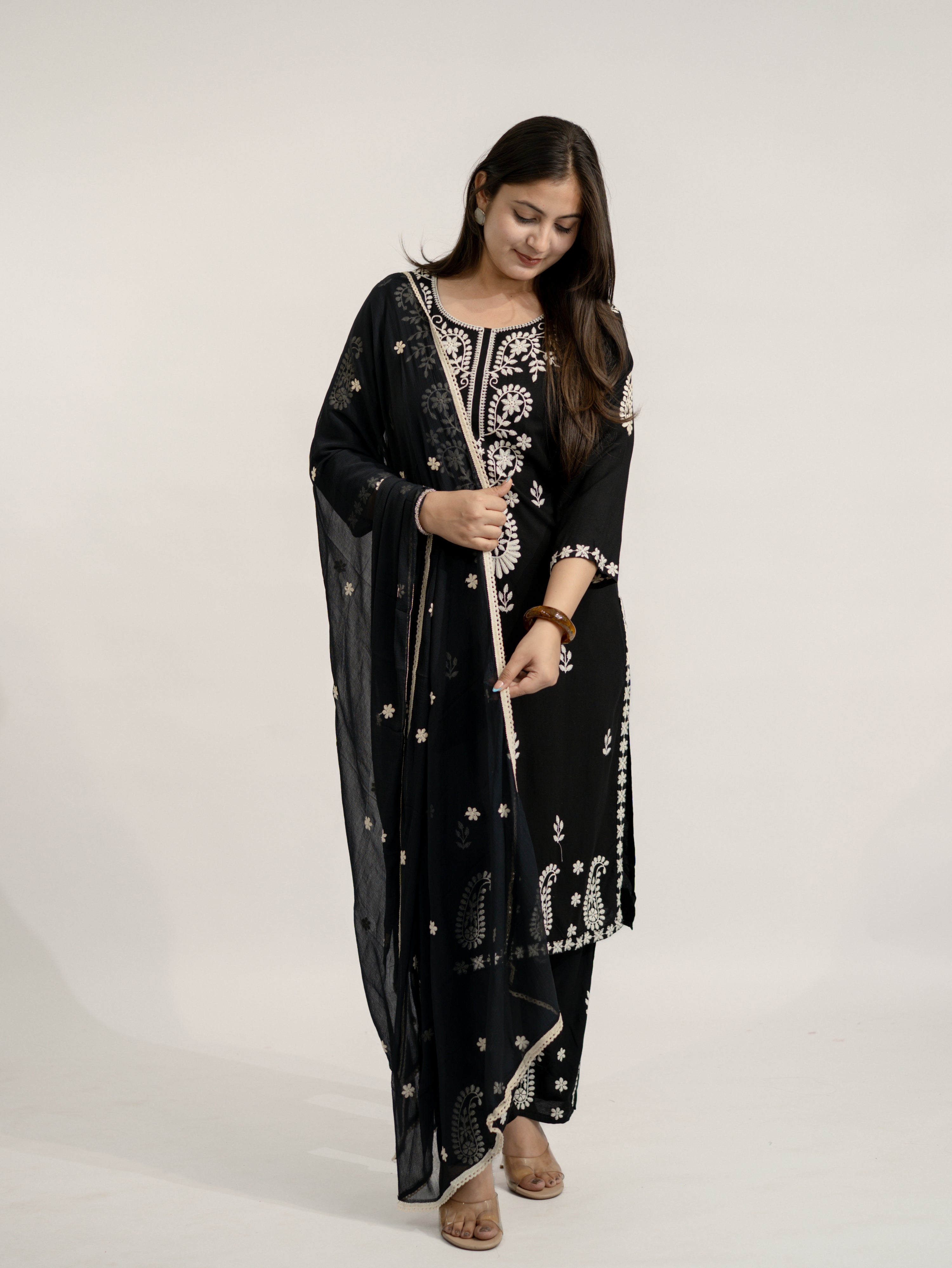 Nutan Black Chikankari Embroidered Dupatta Set