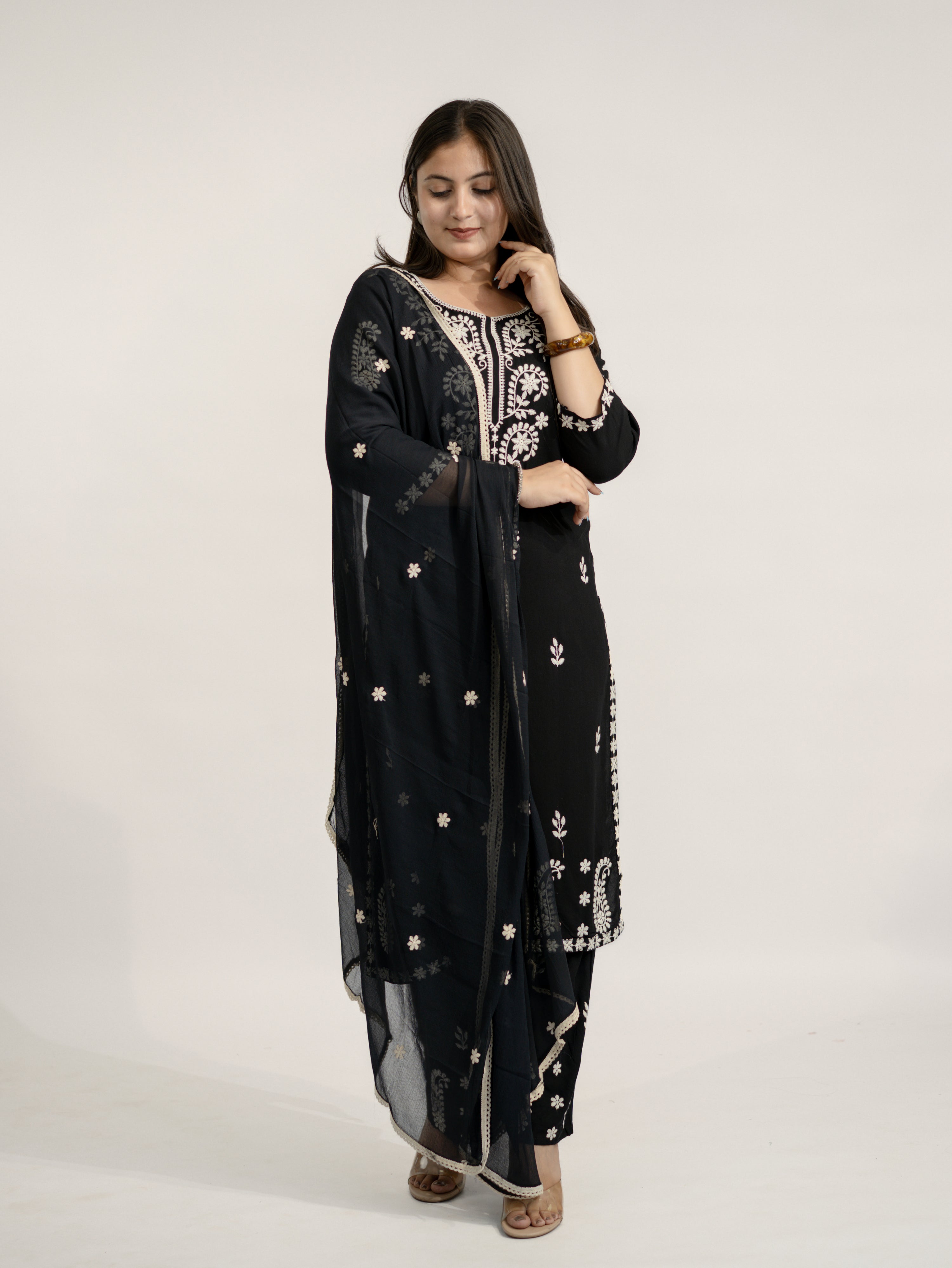 Nutan Black Chikankari Embroidered Dupatta Set