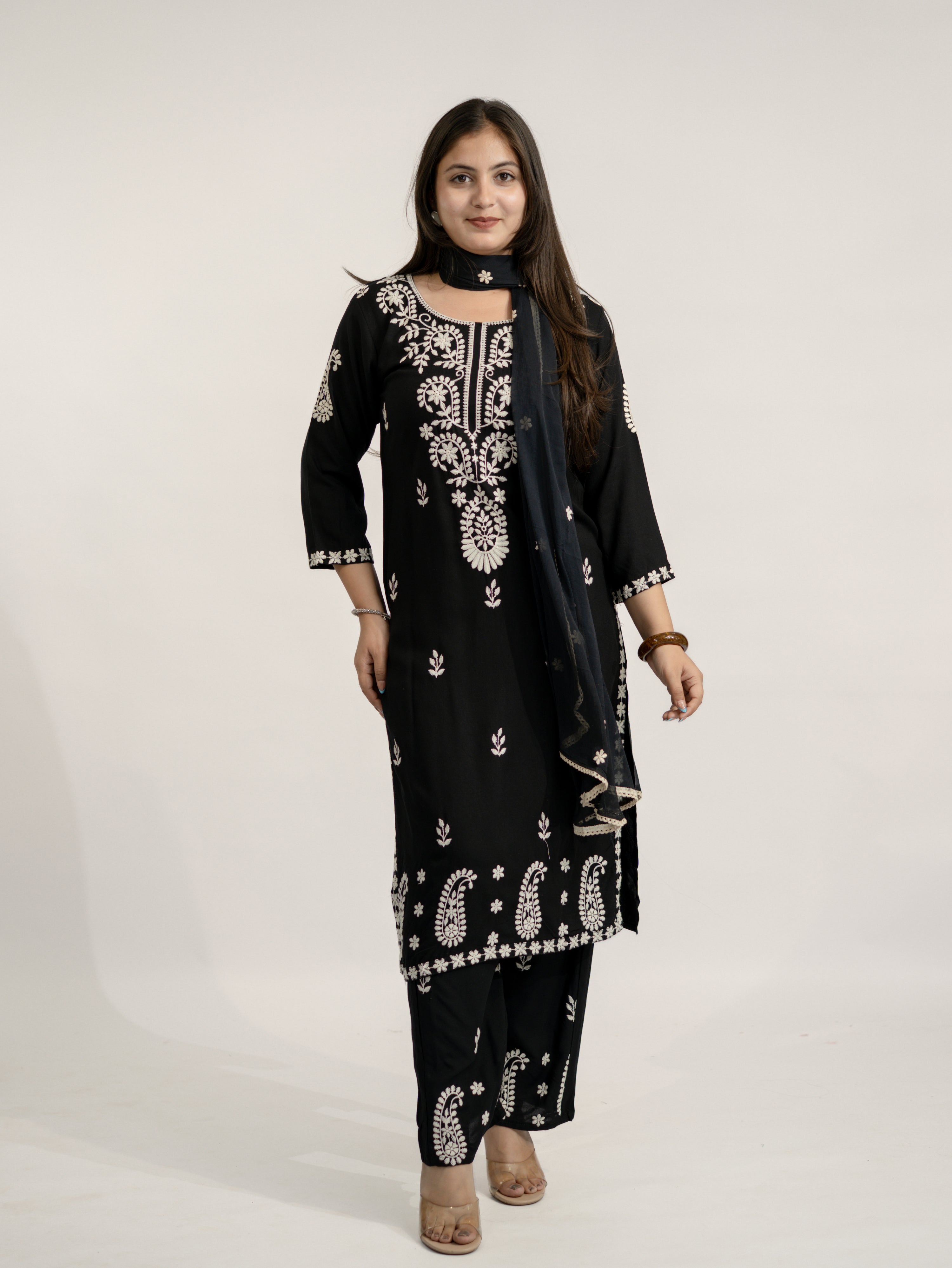 Nutan Black Chikankari Embroidered Dupatta Set