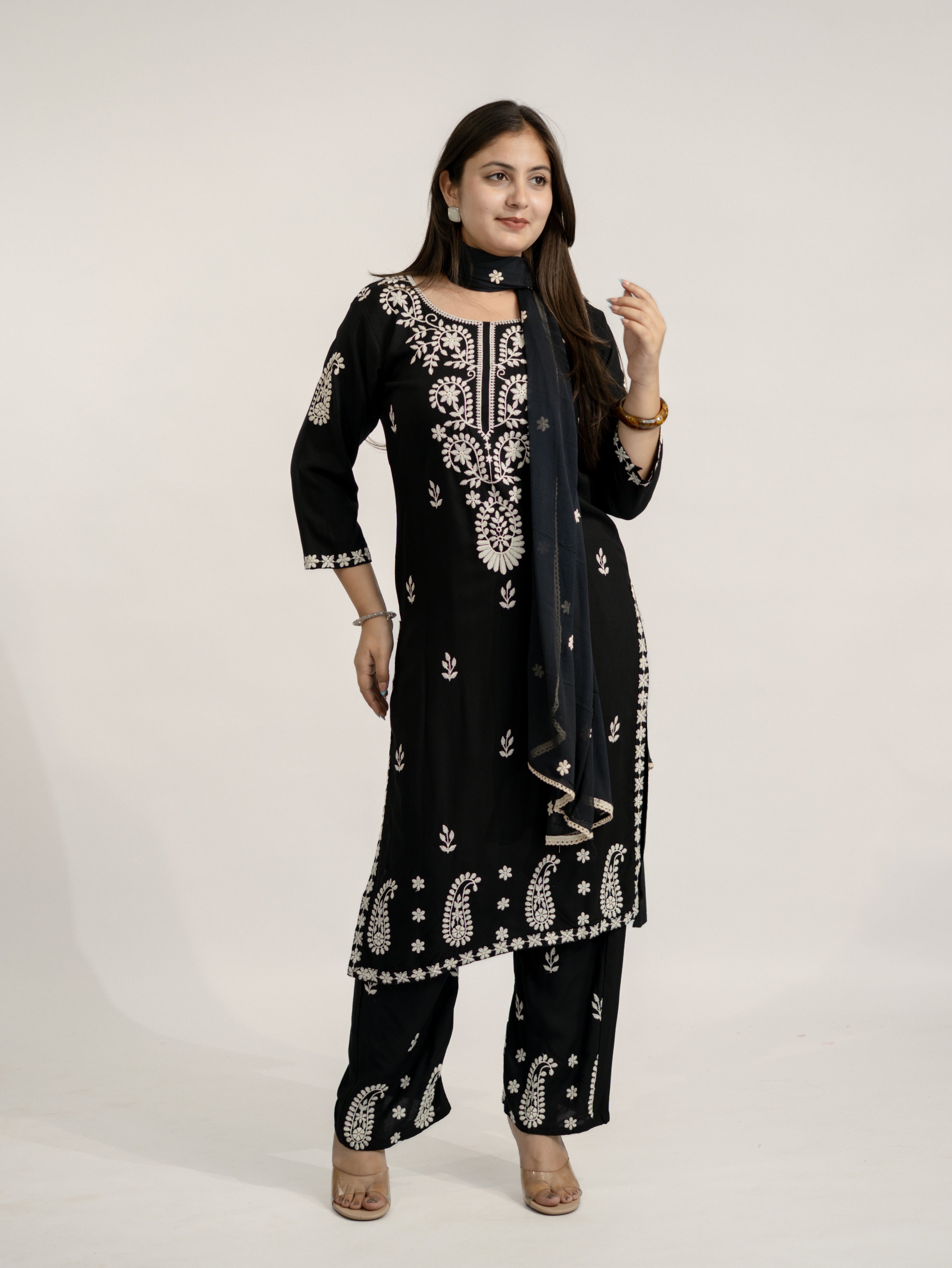 Nutan Black Chikankari Embroidered Dupatta Set