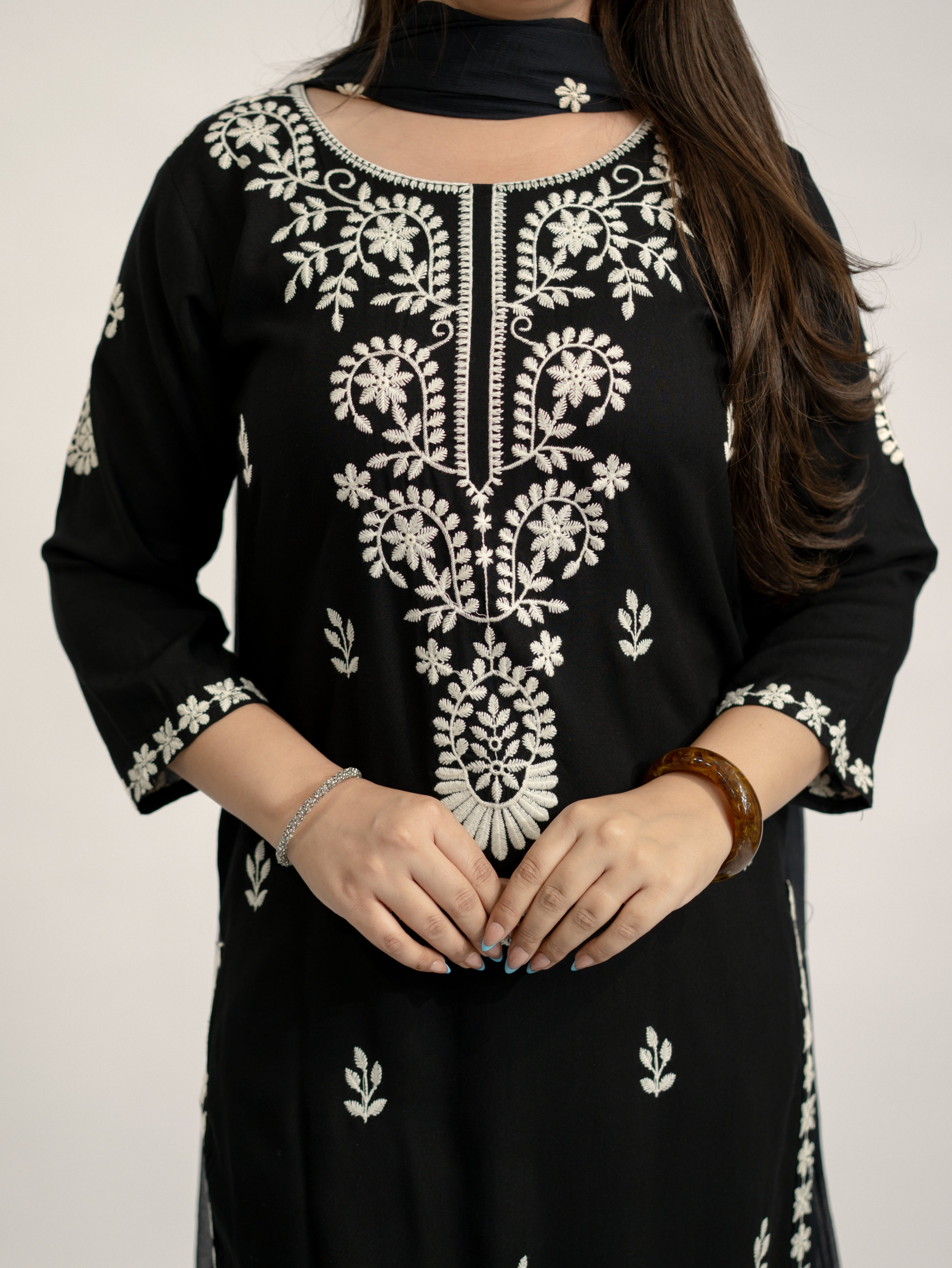 Nutan Black Chikankari Embroidered Dupatta Set