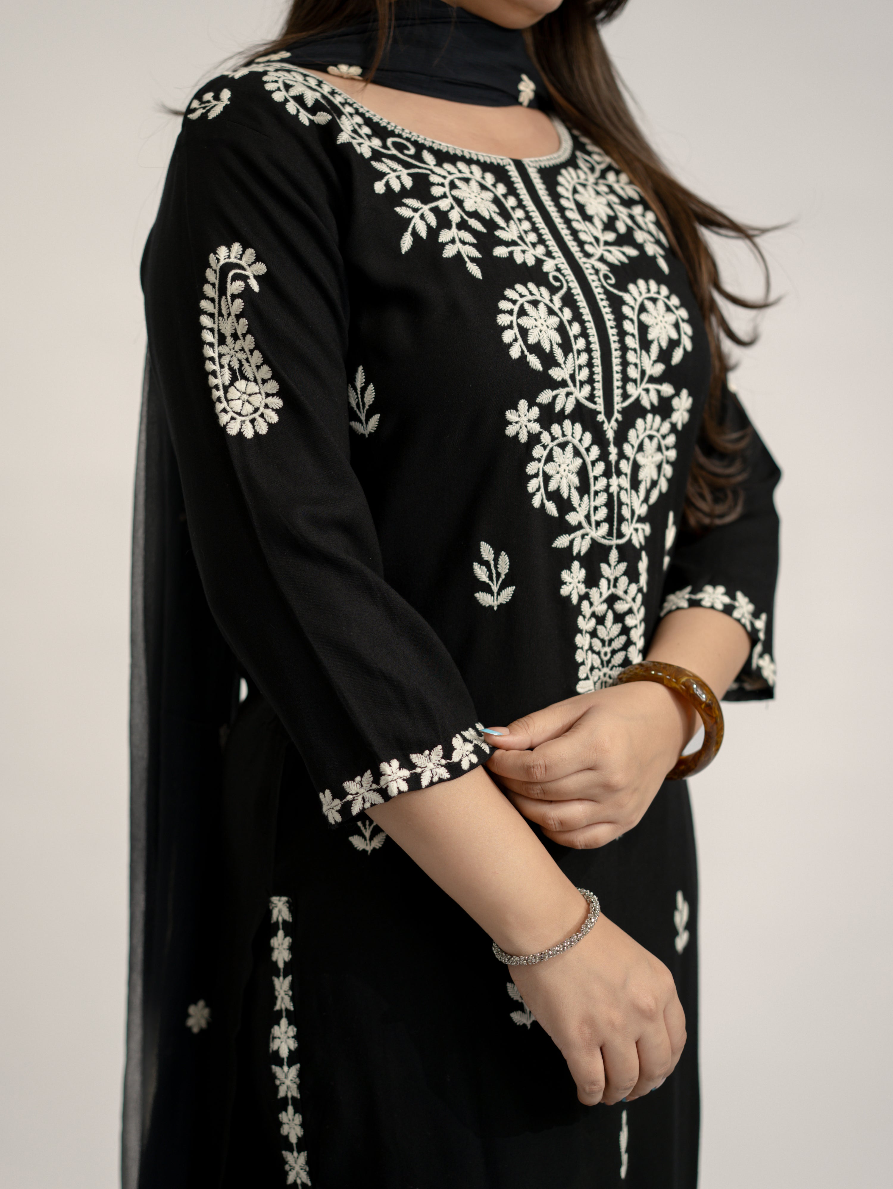 Nutan Black Chikankari Embroidered Dupatta Set