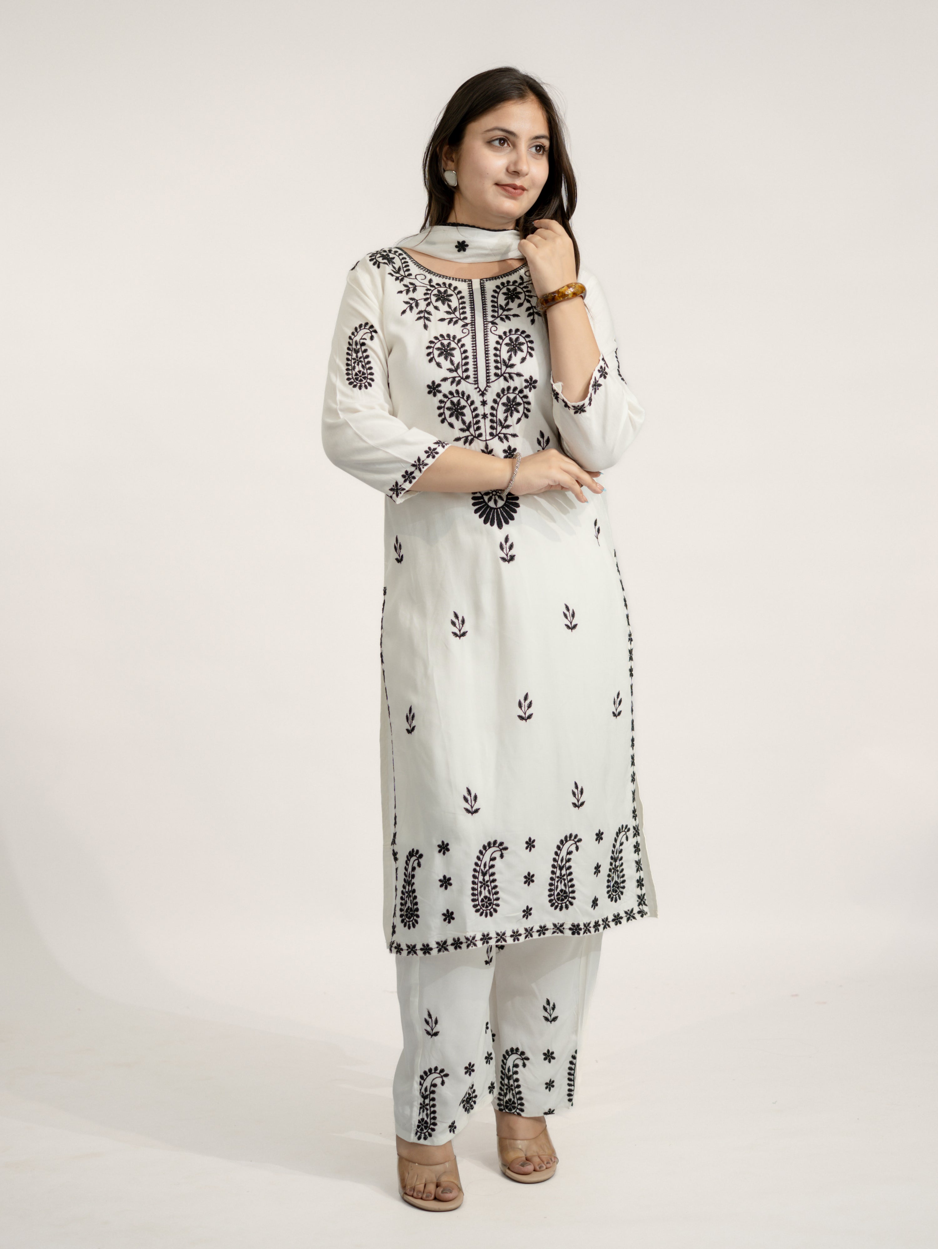 Nutan White Chikankari Embroidered Dupatta Set