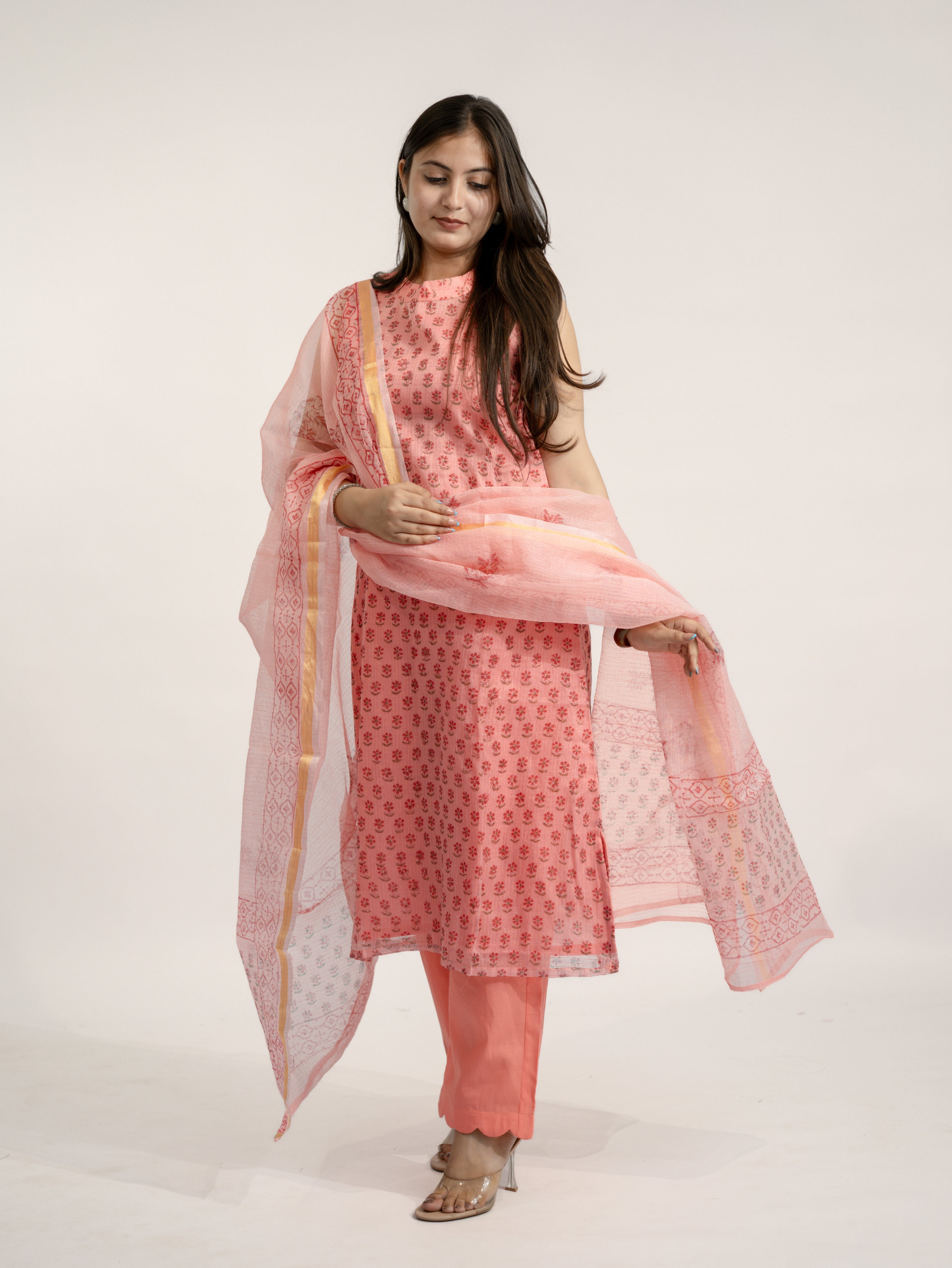 Sakhi Peach Handblock Kota Doria Straight Dupatta Set