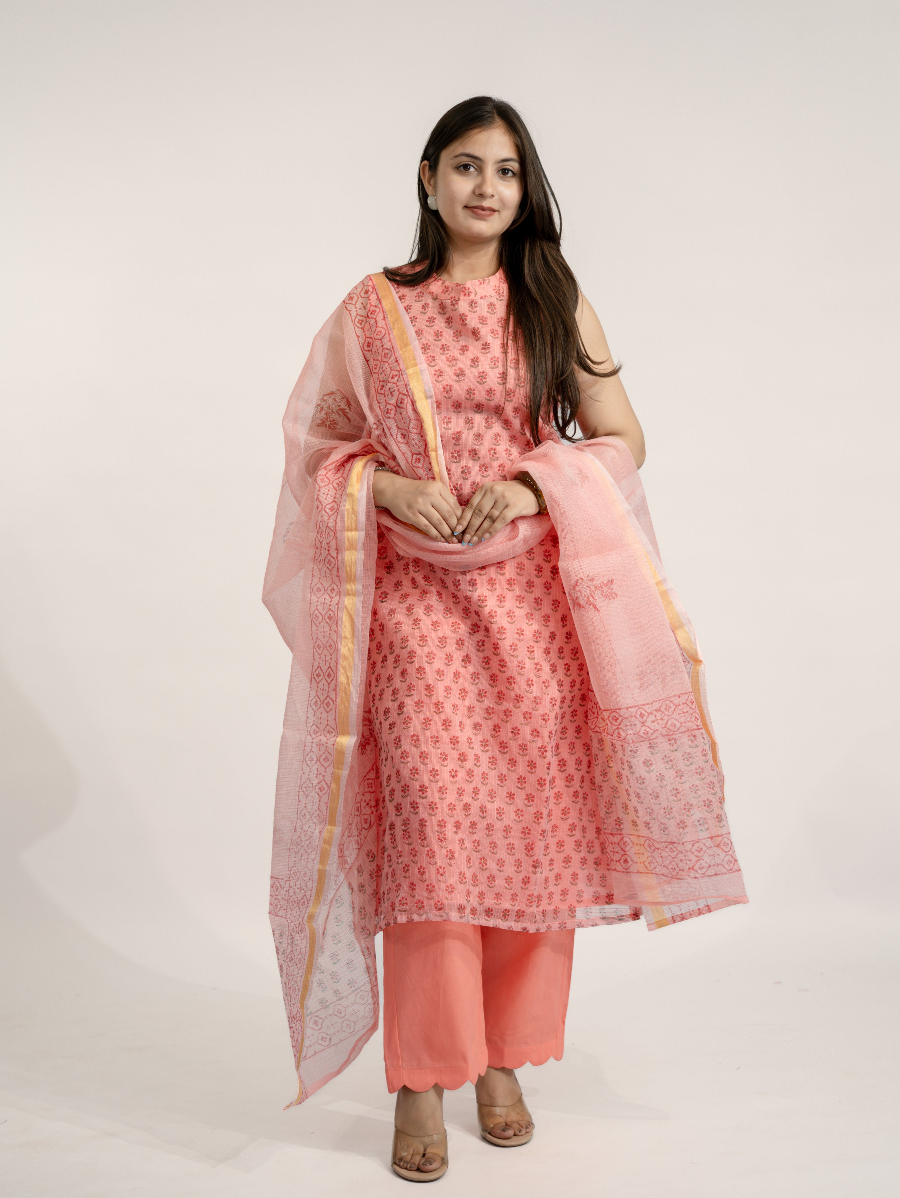 Sakhi Peach Handblock Kota Doria Straight Dupatta Set