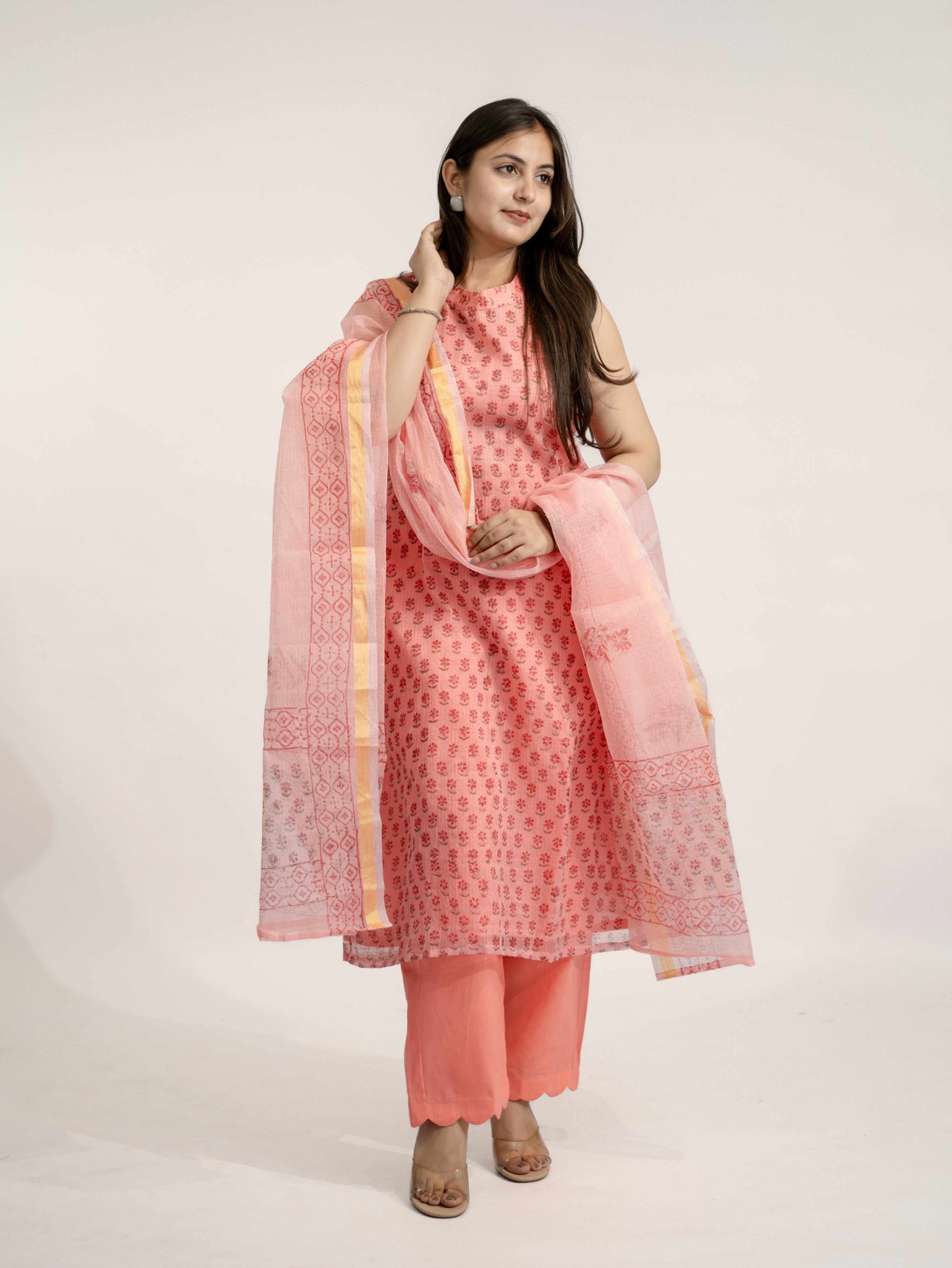 Sakhi Peach Handblock Kota Doria Straight Dupatta Set