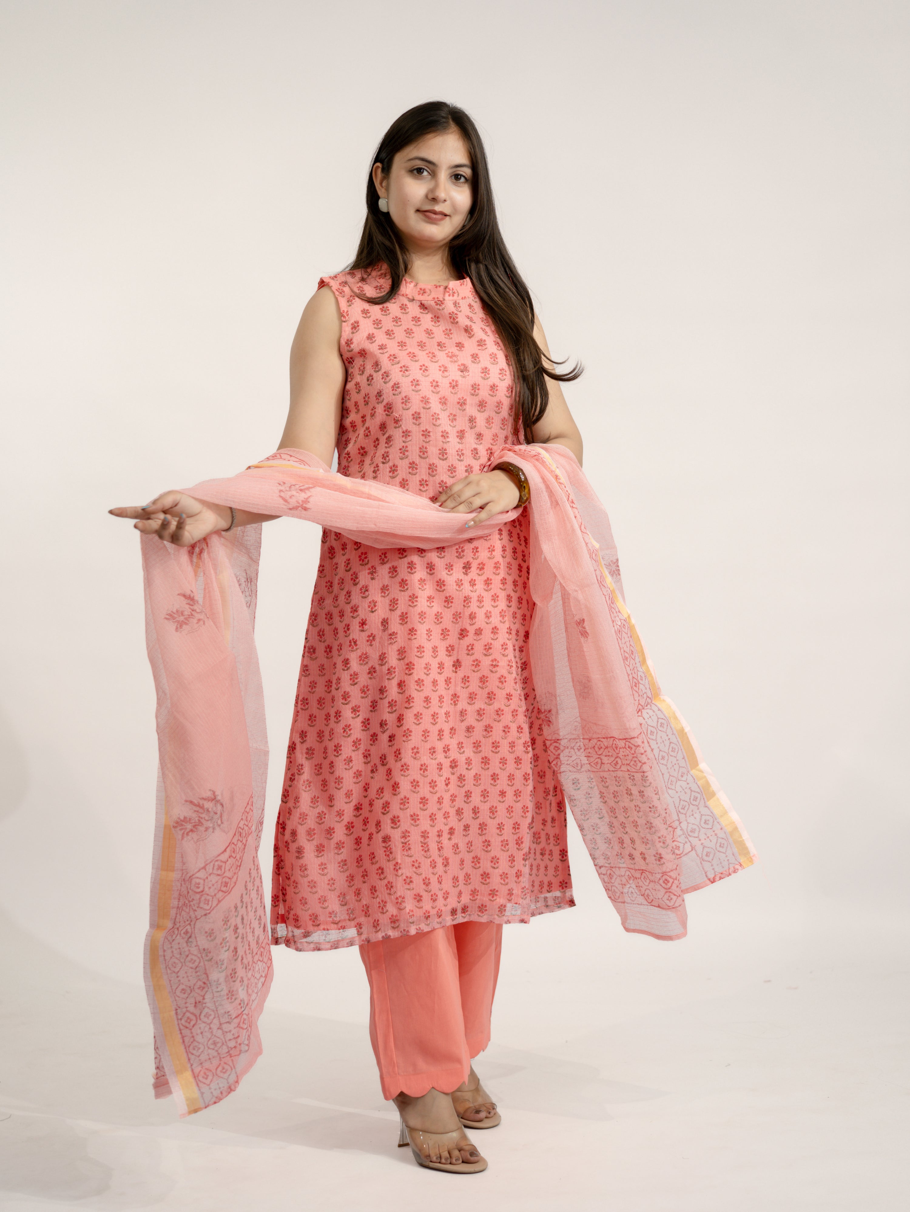 Sakhi Peach Handblock Kota Doria Straight Dupatta Set