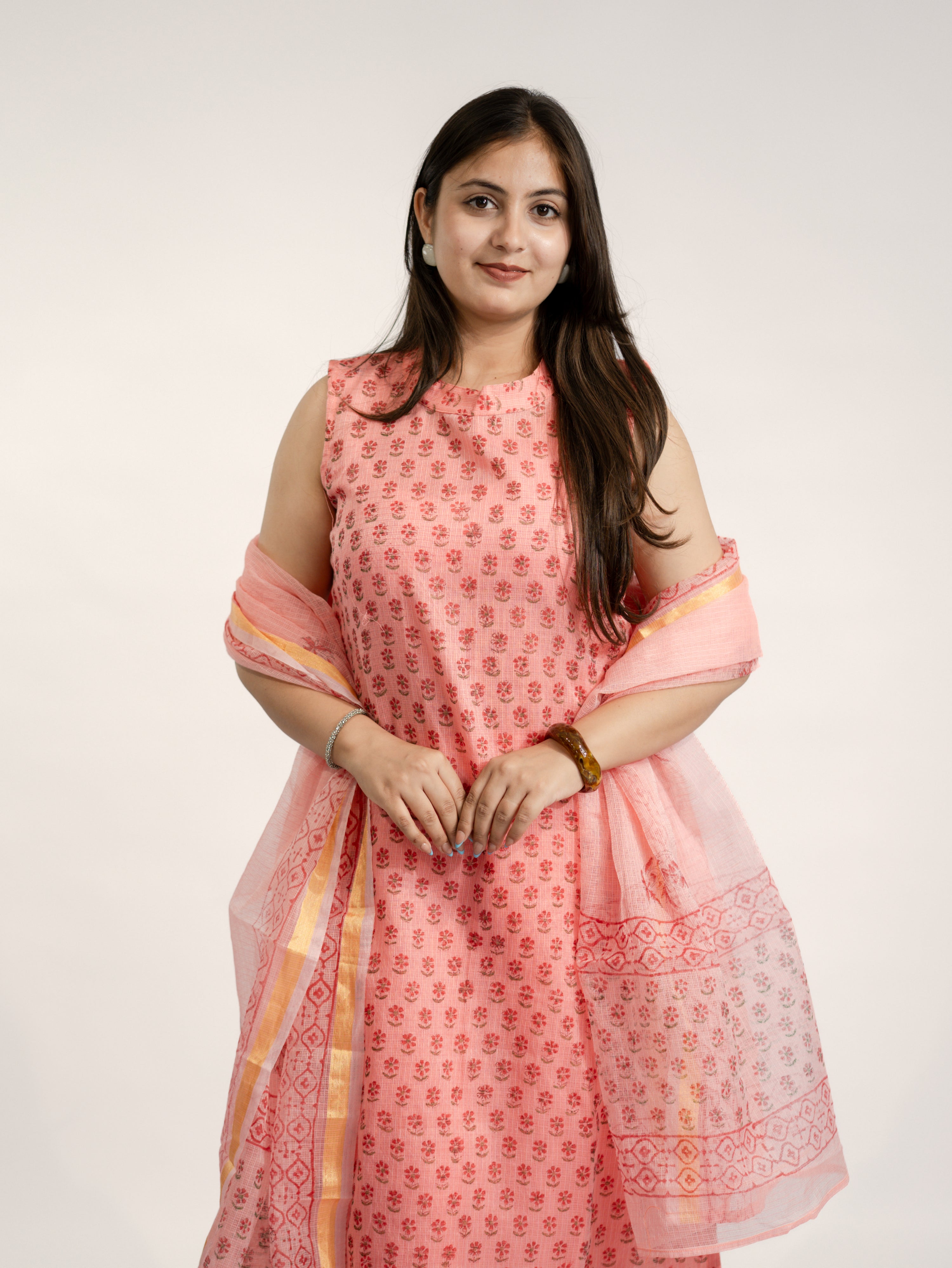 Sakhi Peach Handblock Kota Doria Straight Dupatta Set
