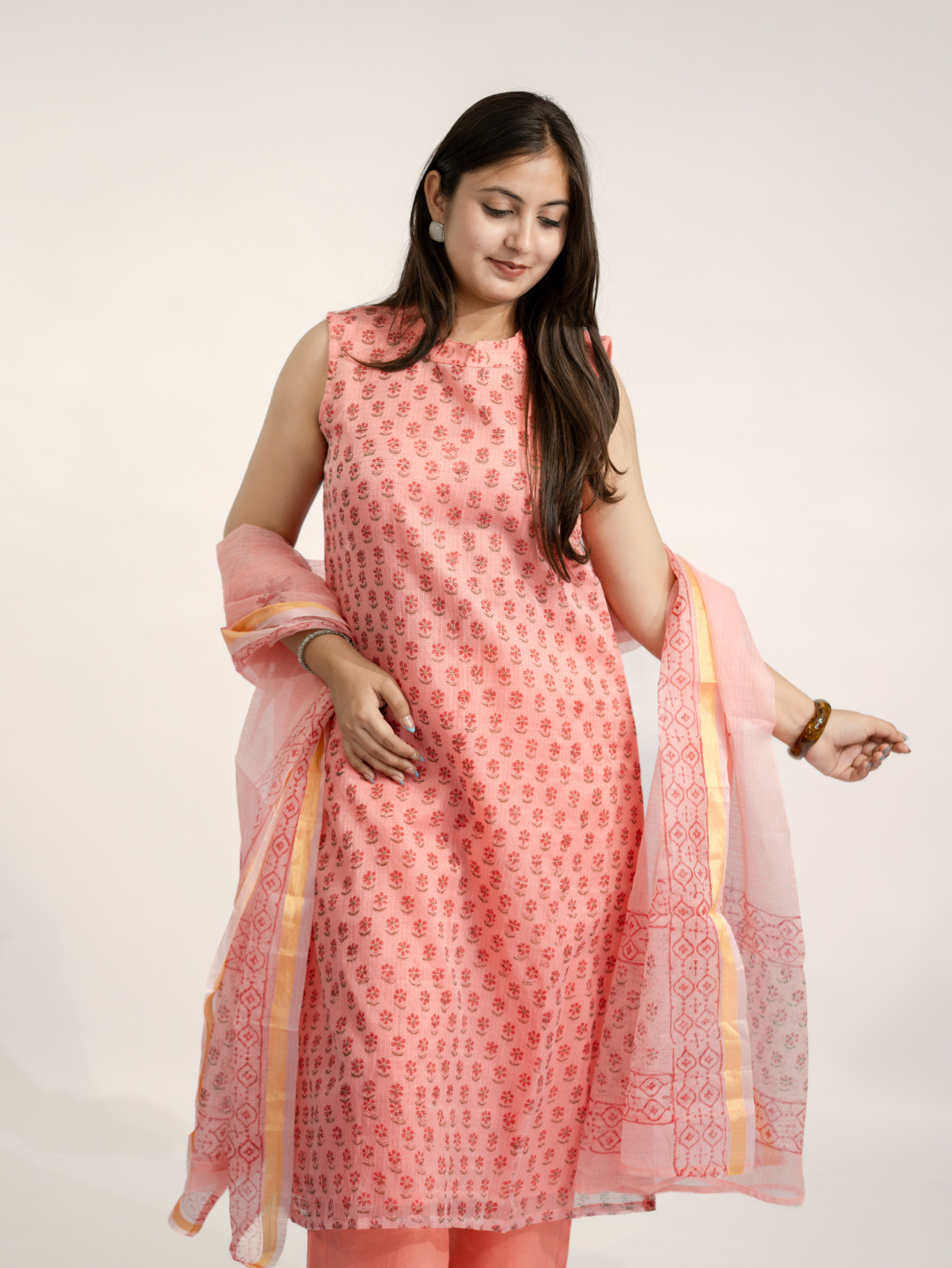 Sakhi Peach Handblock Kota Doria Straight Dupatta Set