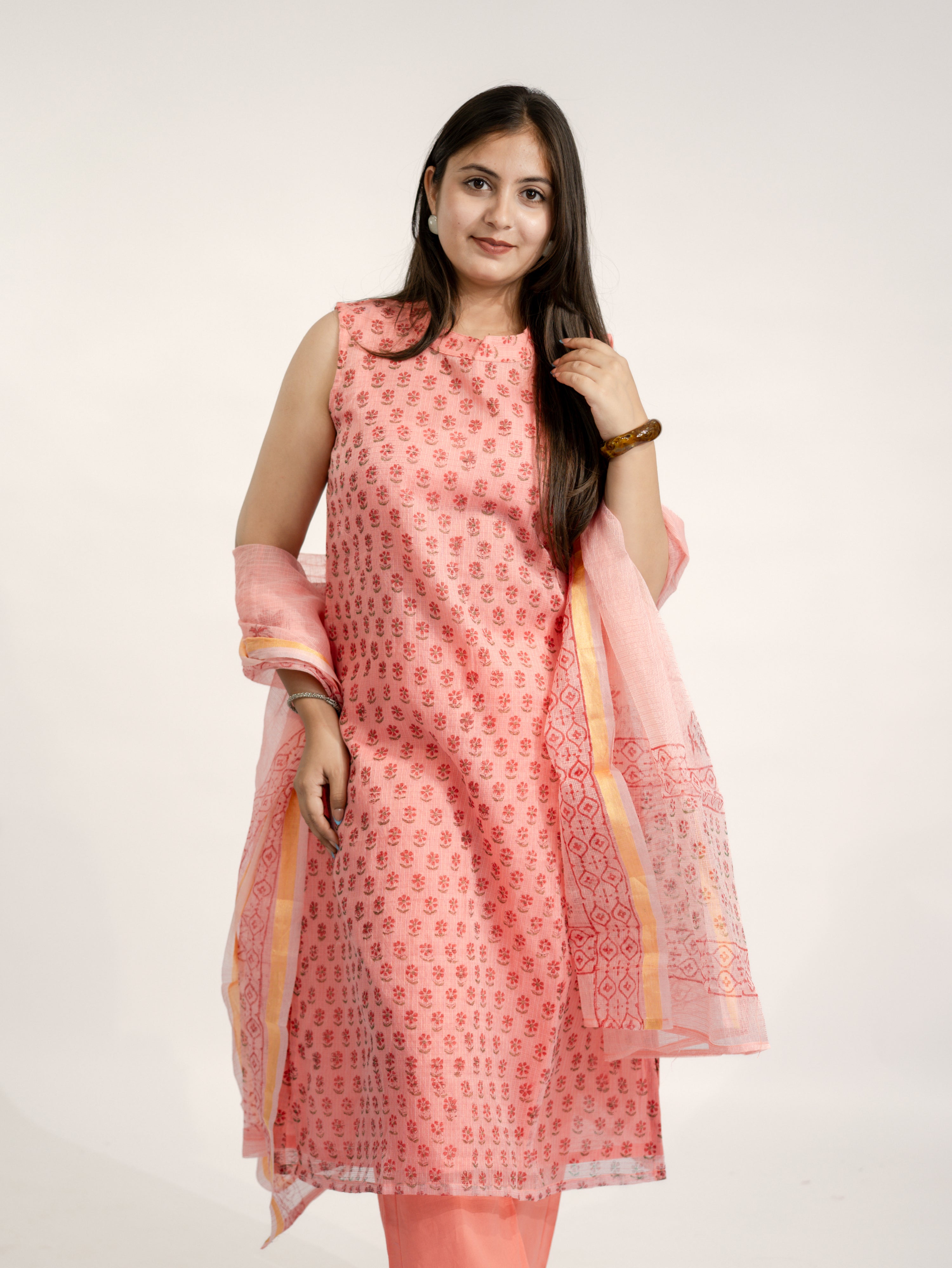 Sakhi Peach Handblock Kota Doria Straight Dupatta Set