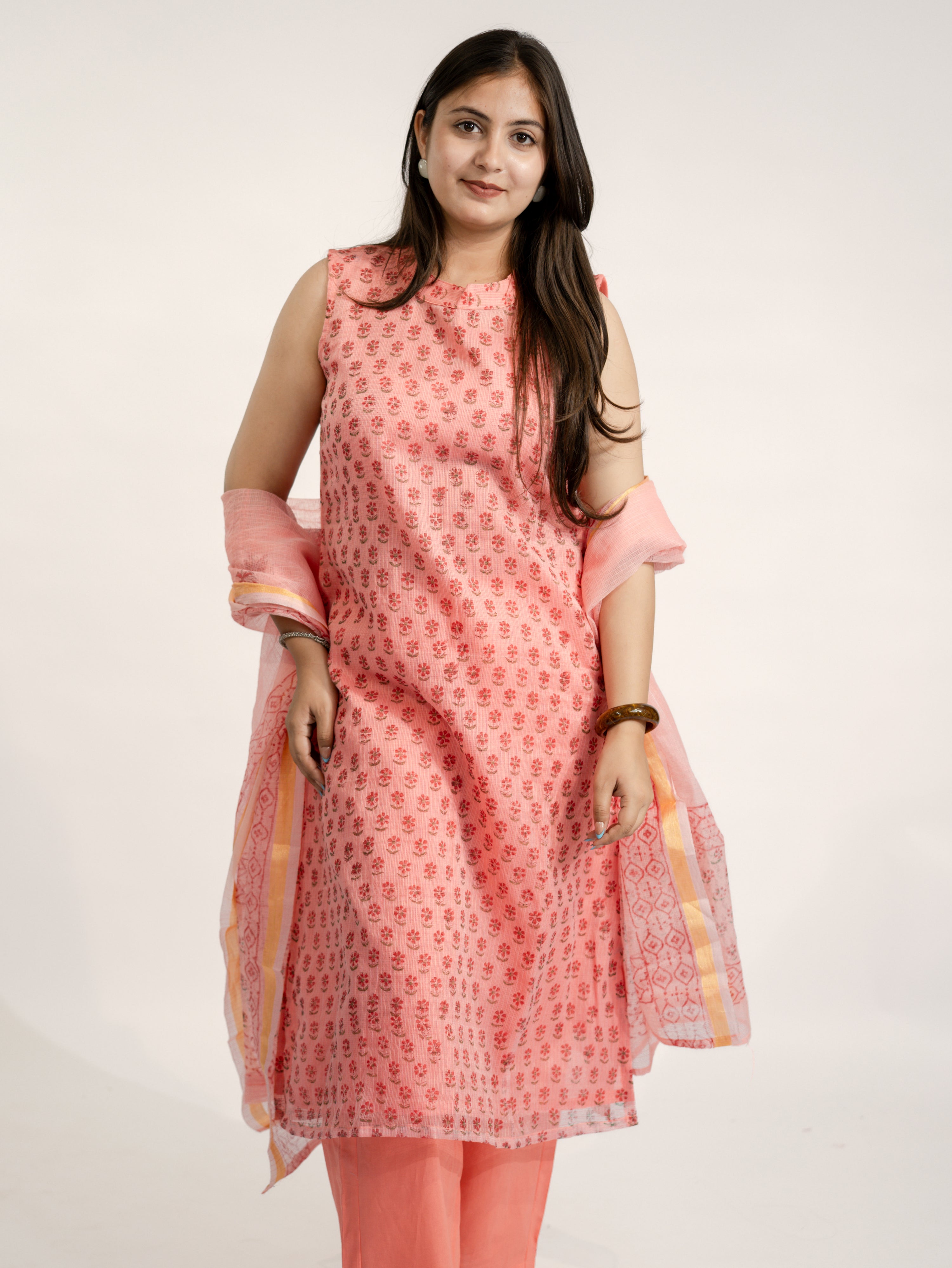 Sakhi Peach Handblock Kota Doria Straight Dupatta Set