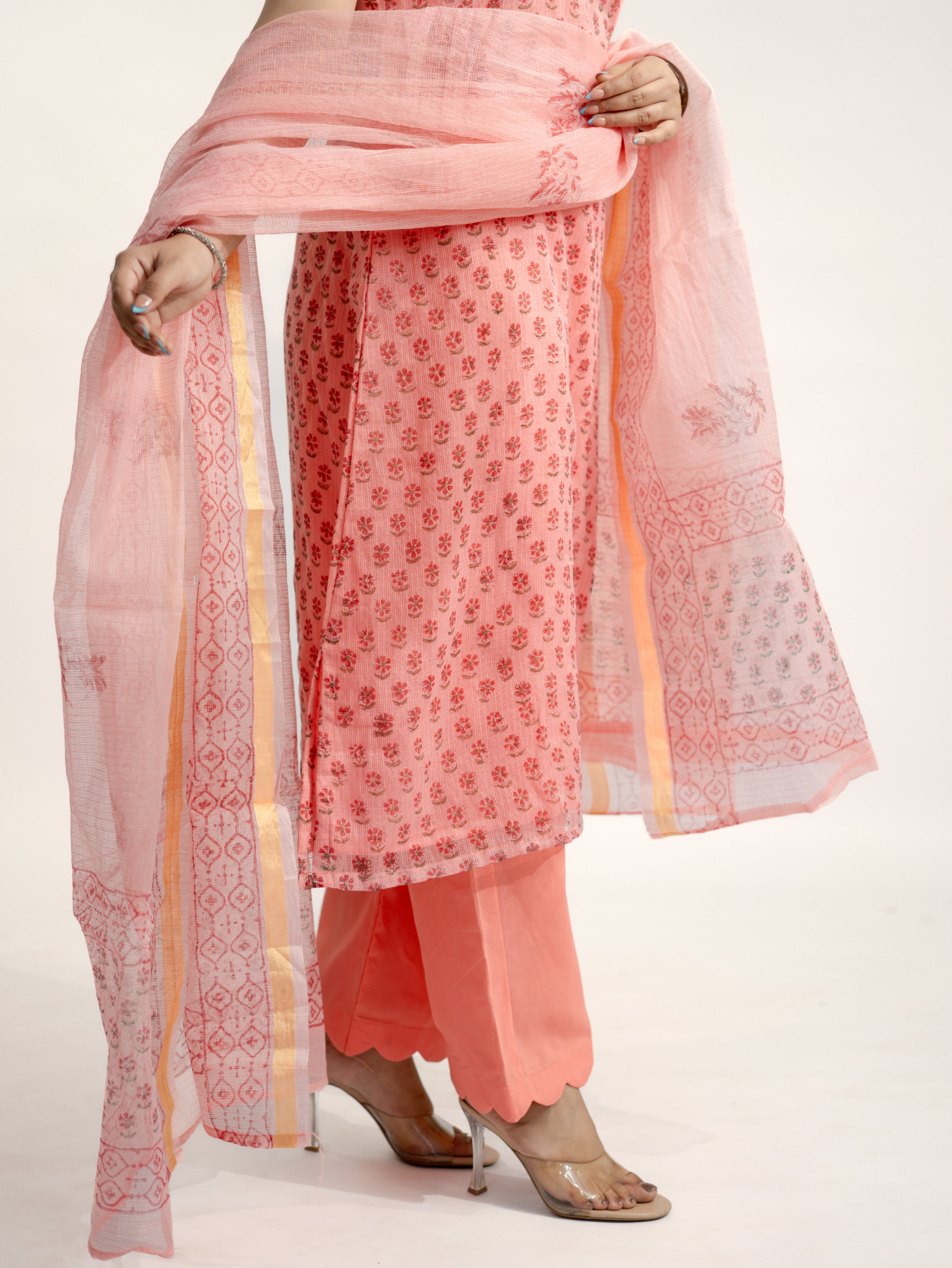 Sakhi Peach Handblock Kota Doria Straight Dupatta Set