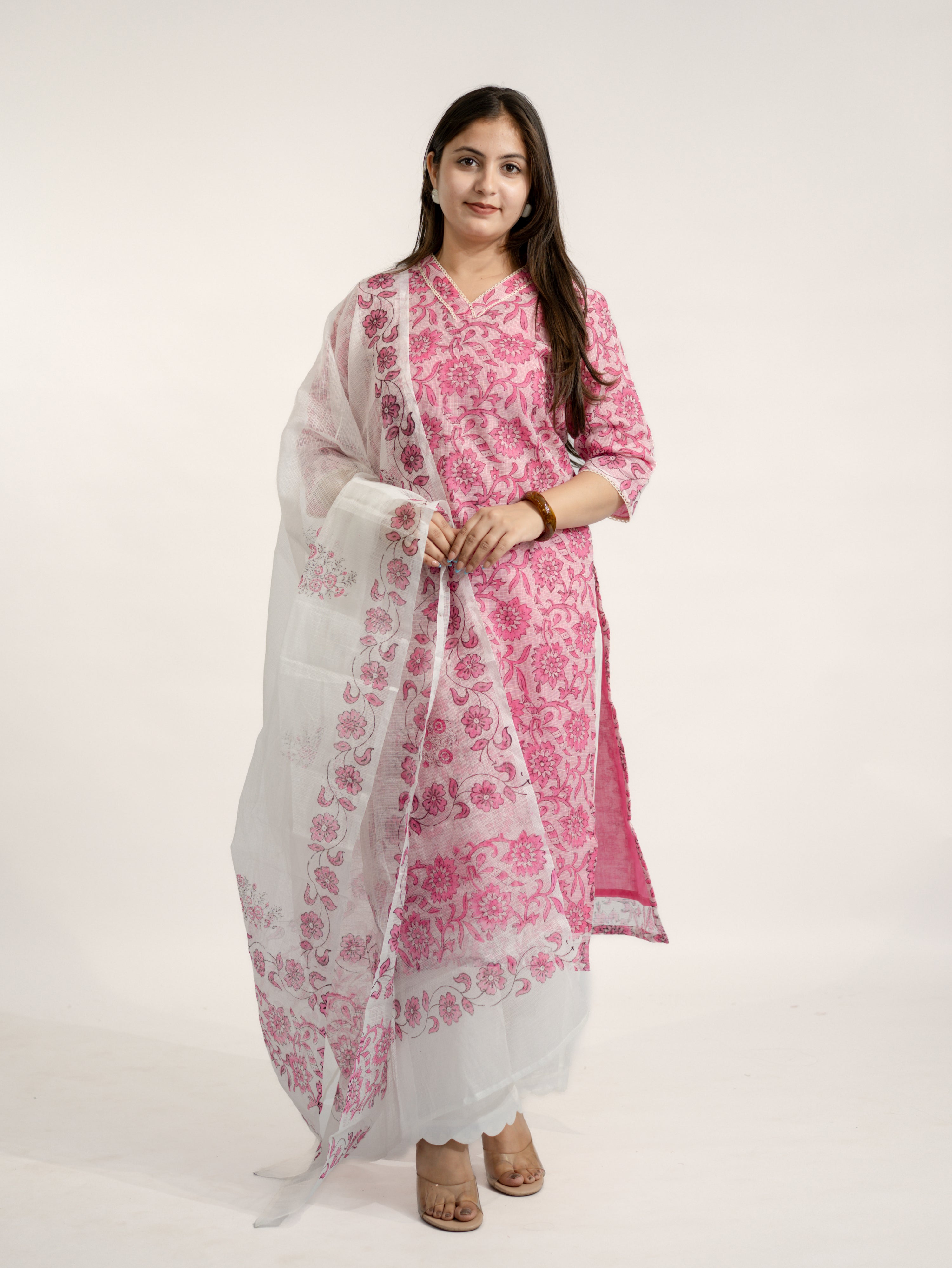 Avira Kota Doria Handblock Straight Dupatta Set