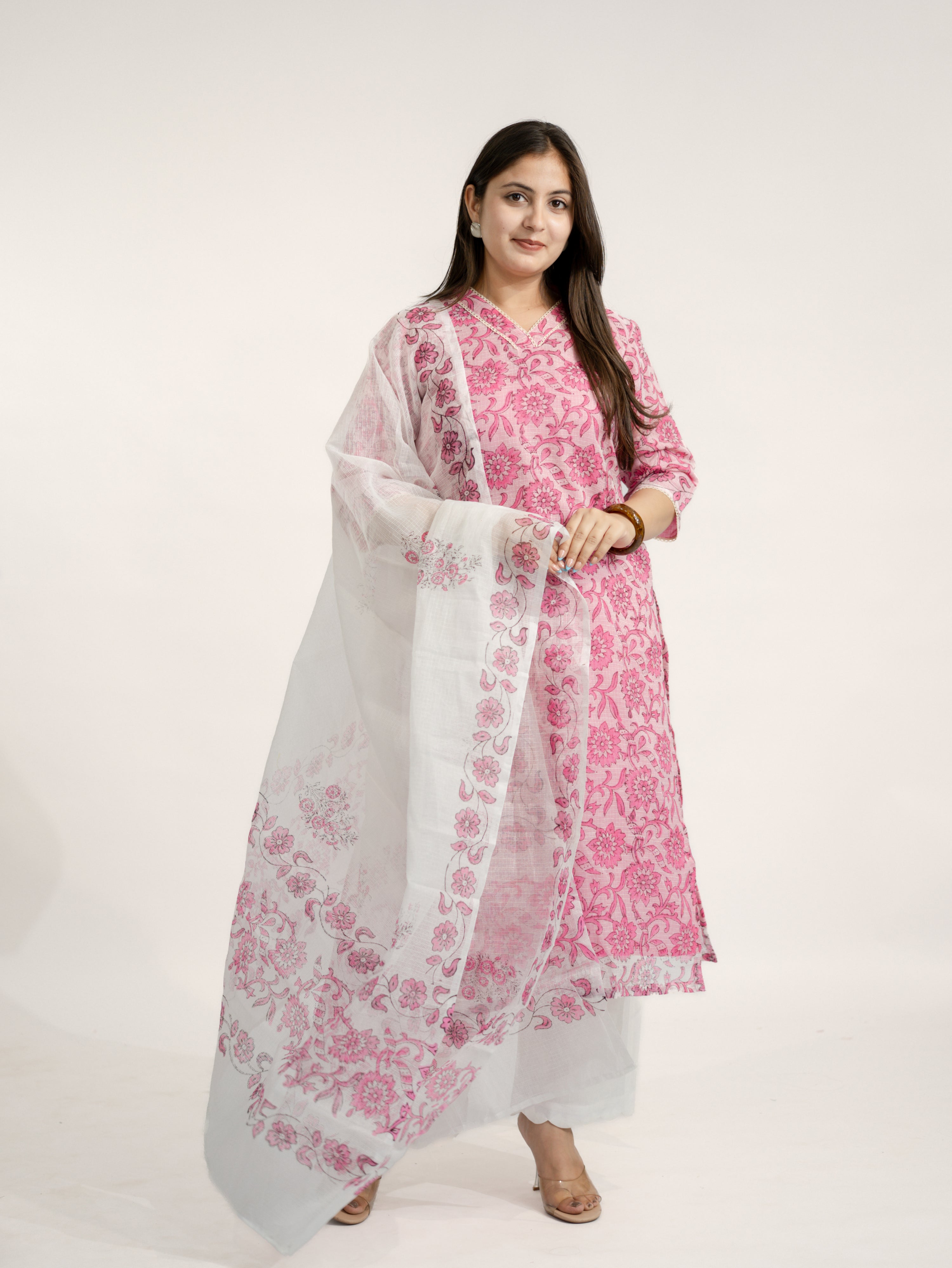 Avira Kota Doria Handblock Straight Dupatta Set