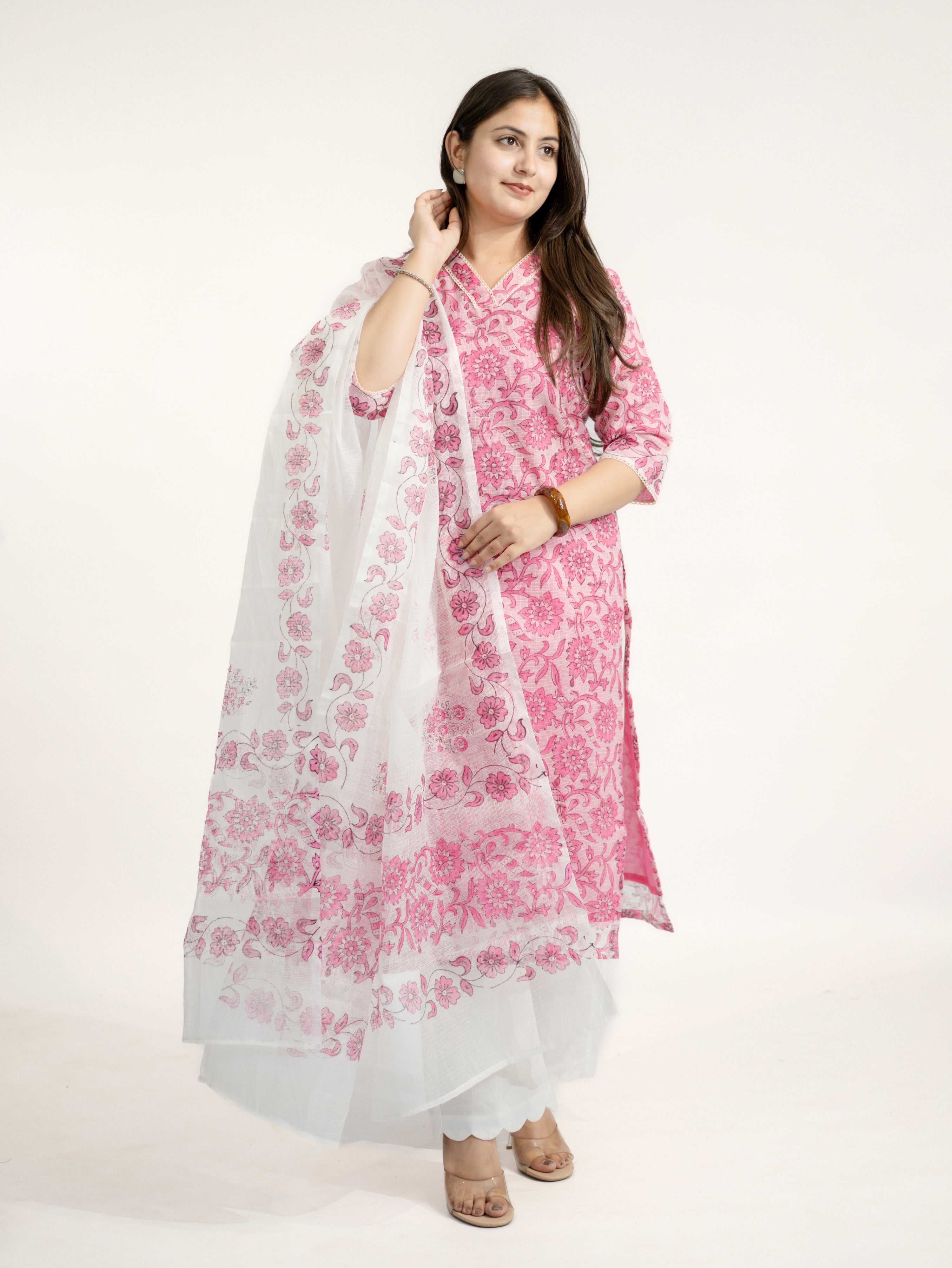 Avira Kota Doria Handblock Straight Dupatta Set