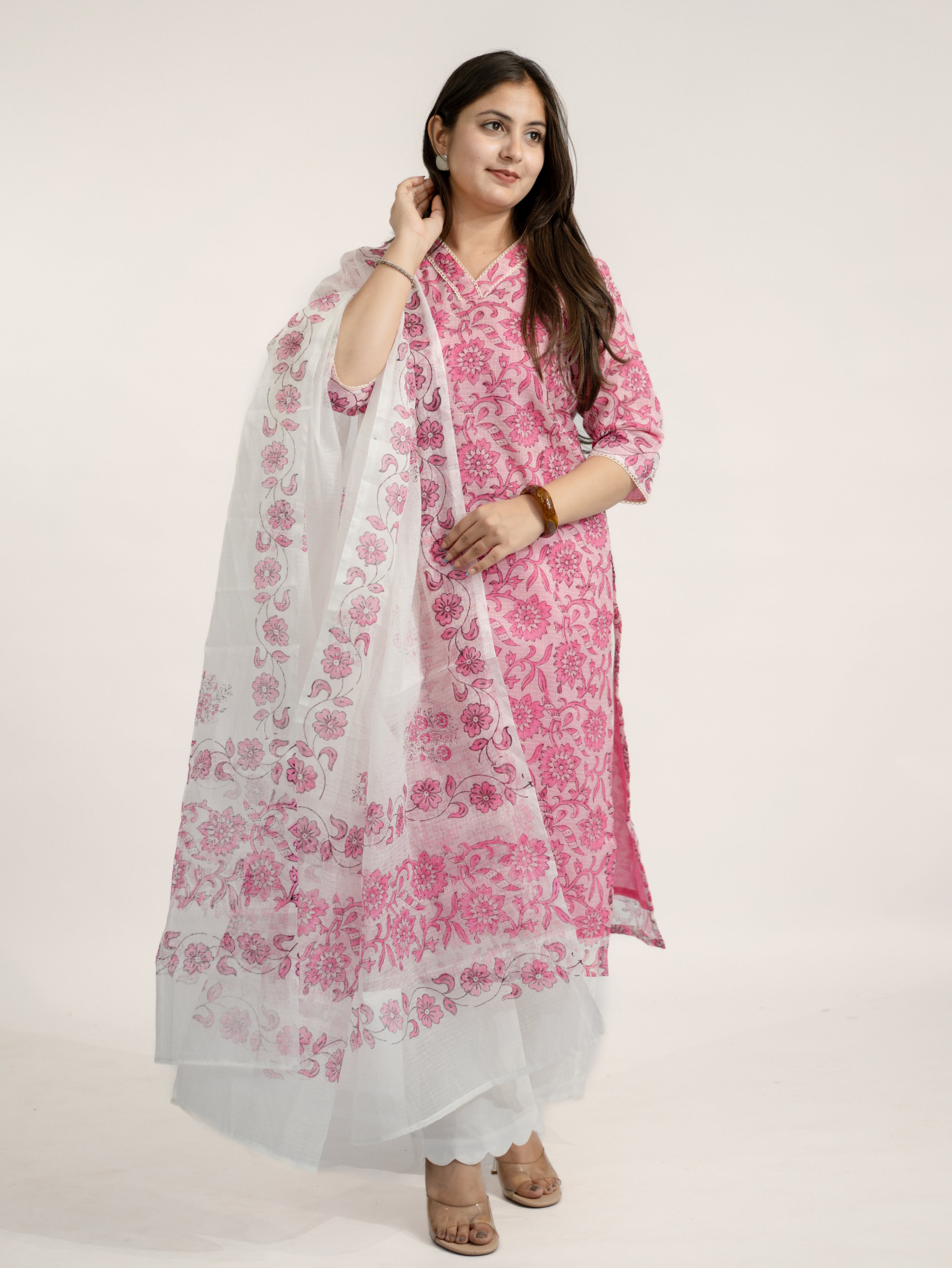 Avira Kota Doria Handblock Straight Dupatta Set