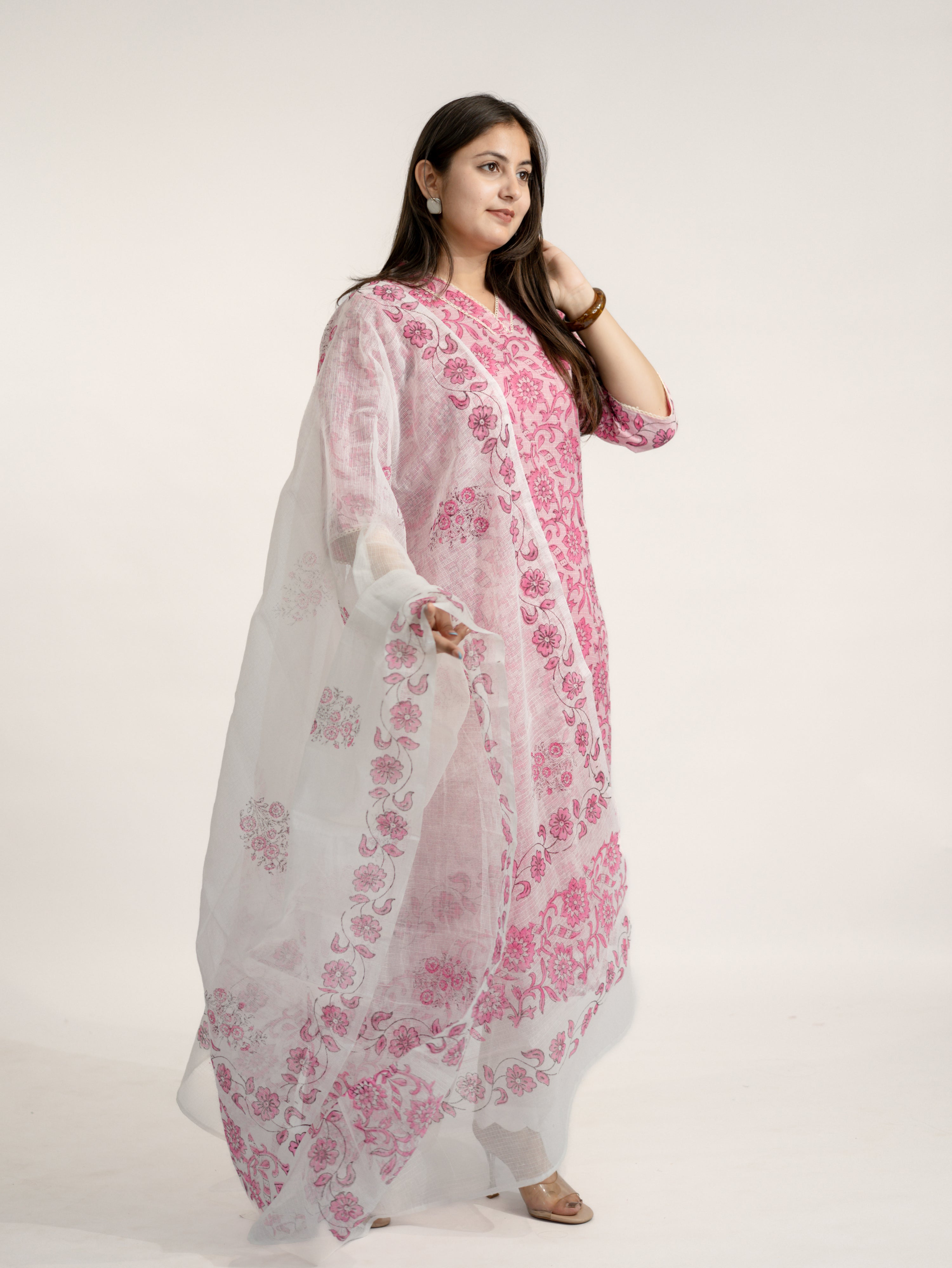 Avira Kota Doria Handblock Straight Dupatta Set