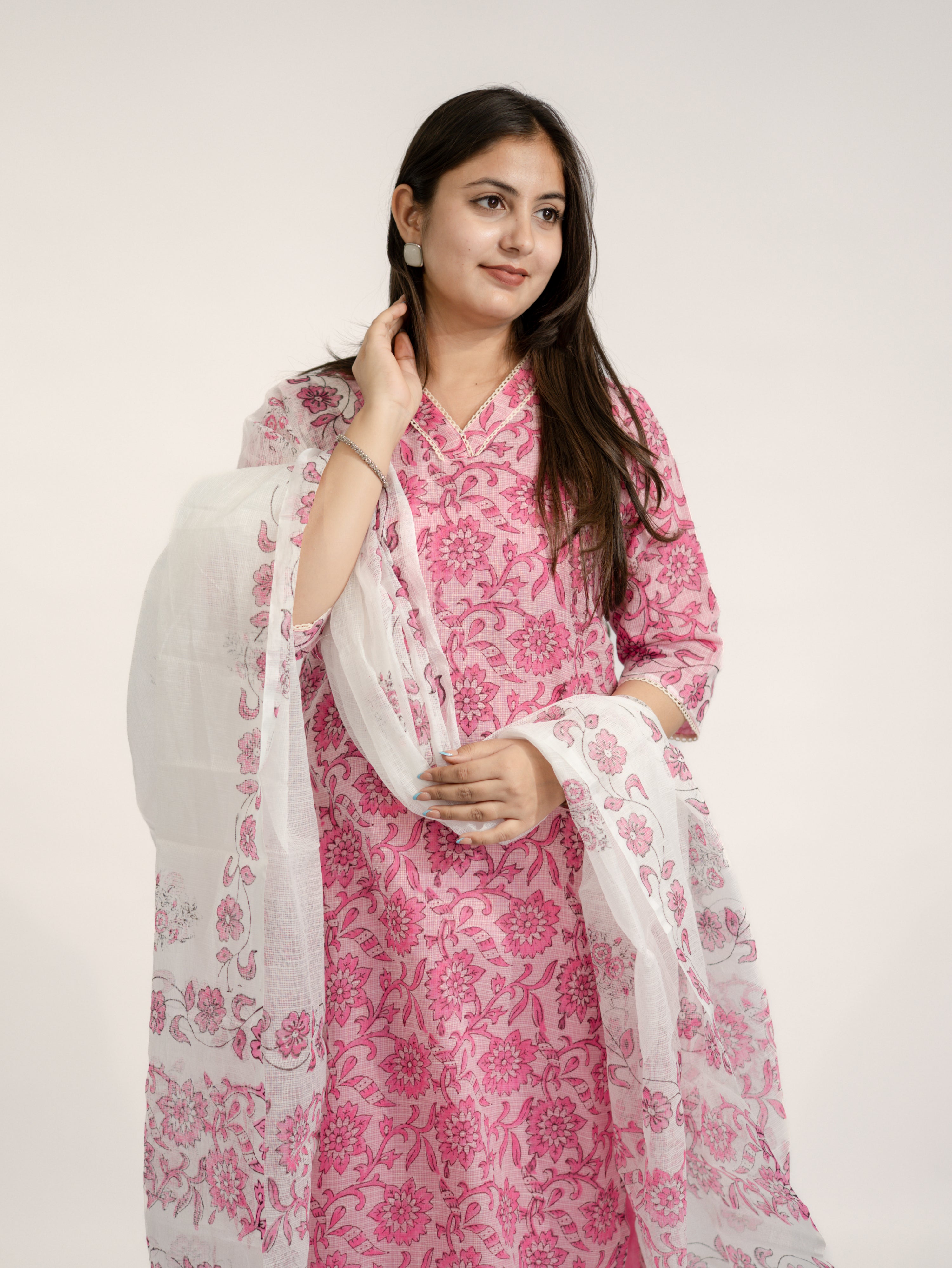 Avira Kota Doria Handblock Straight Dupatta Set