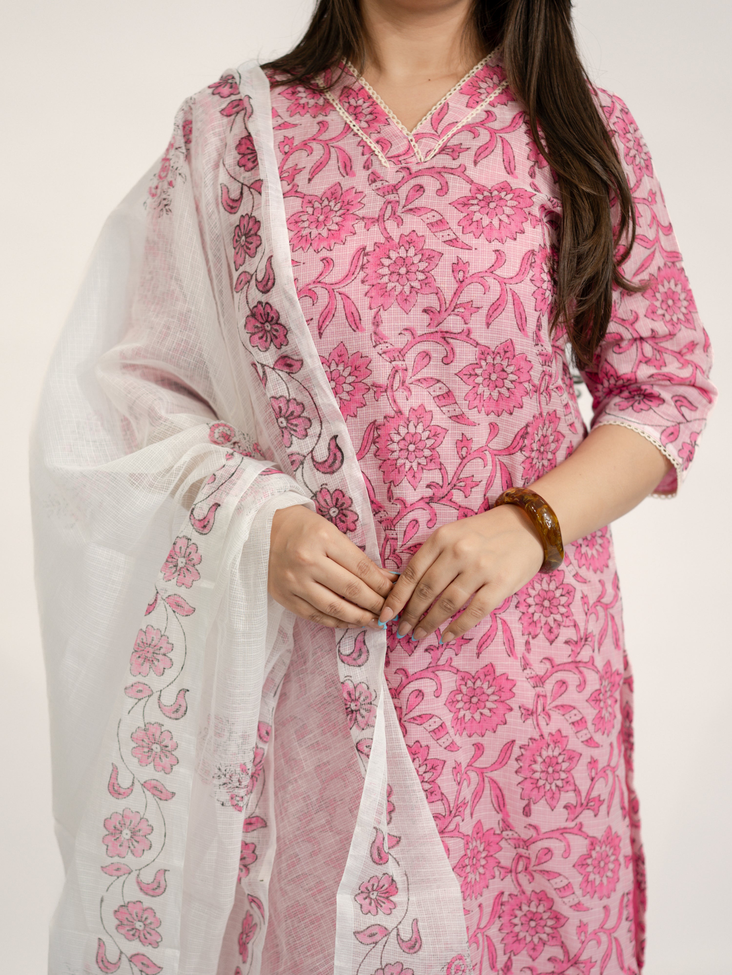 Avira Kota Doria Handblock Straight Dupatta Set