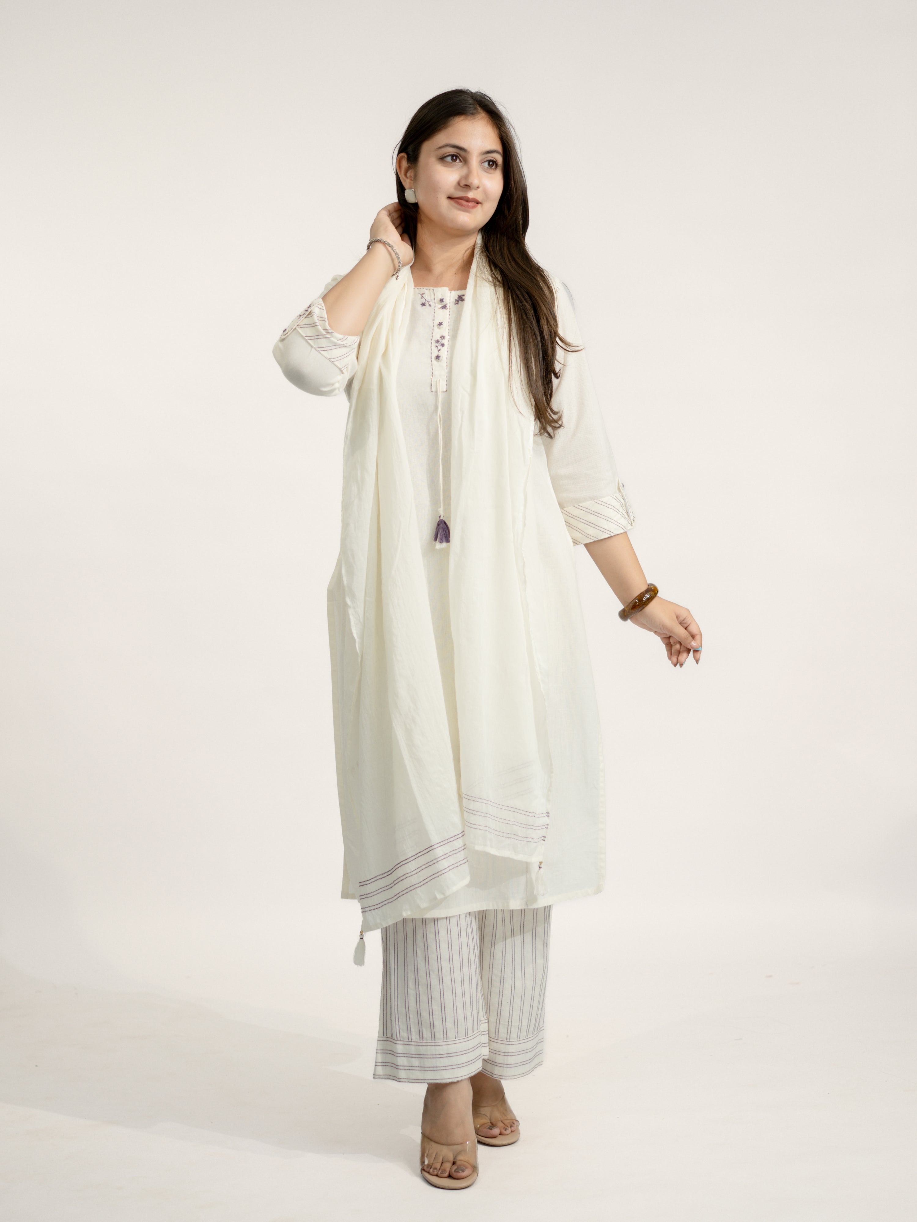 Rosha White Cotton Embroidered Straight Dupatta Set