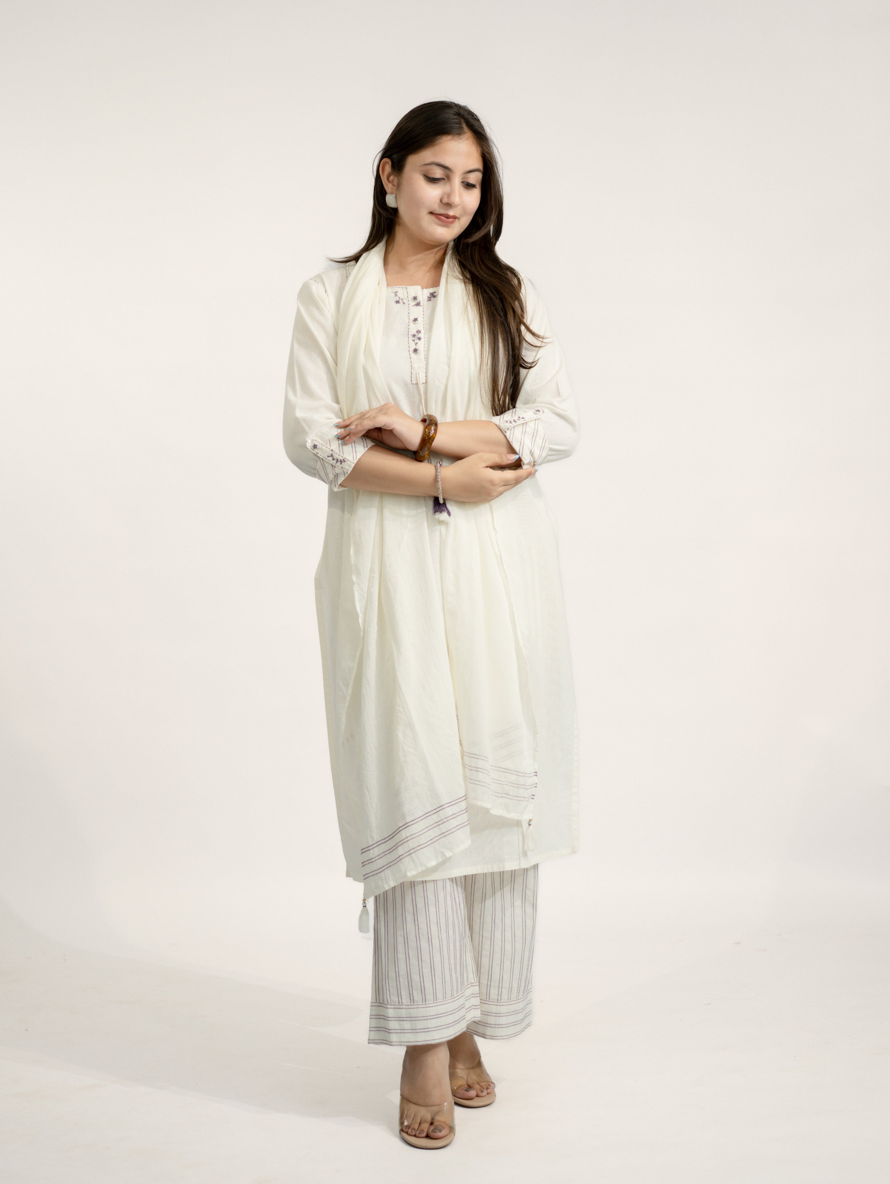 Rosha White Cotton Embroidered Straight Dupatta Set