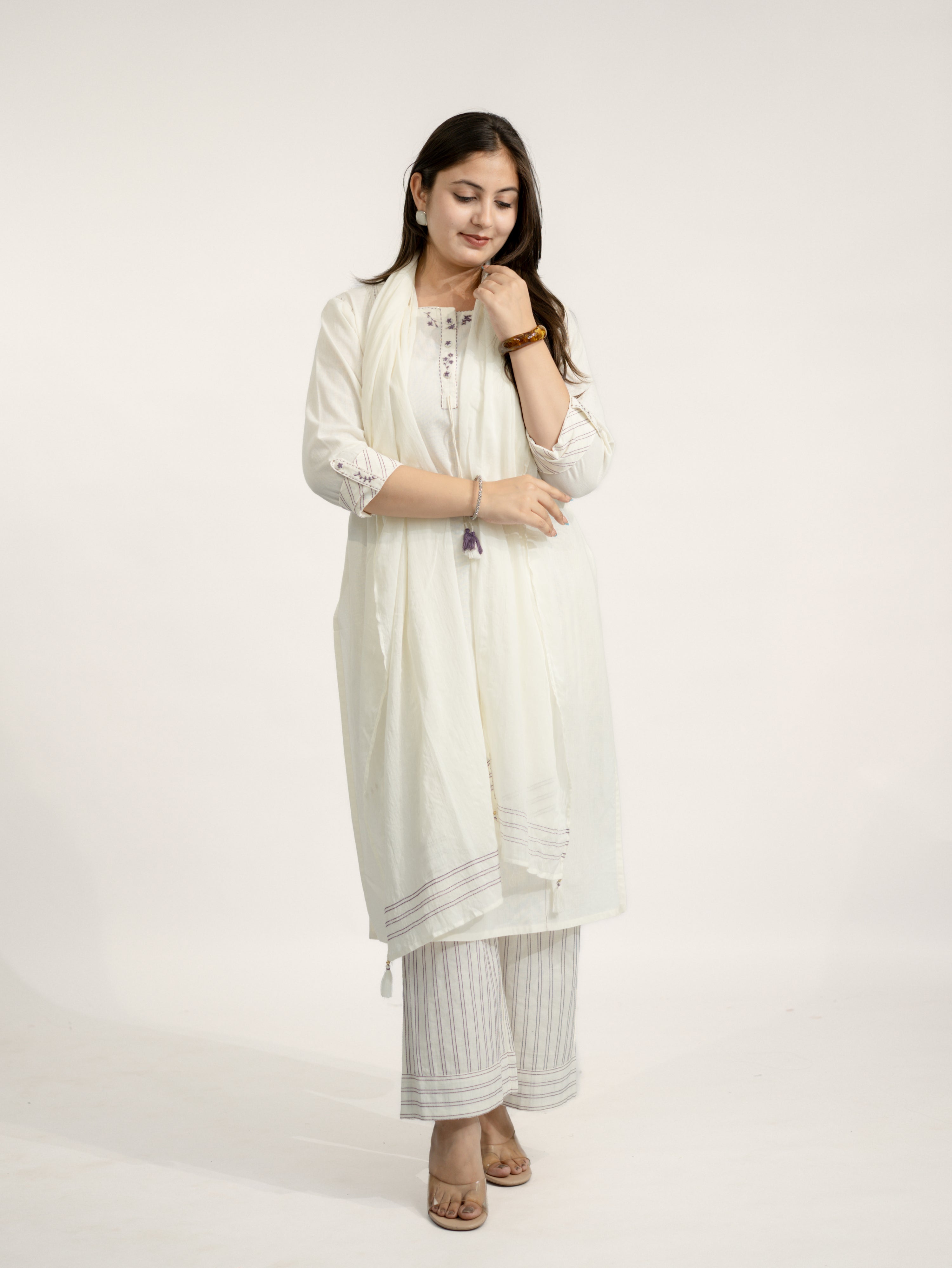 Rosha White Cotton Embroidered Straight Dupatta Set