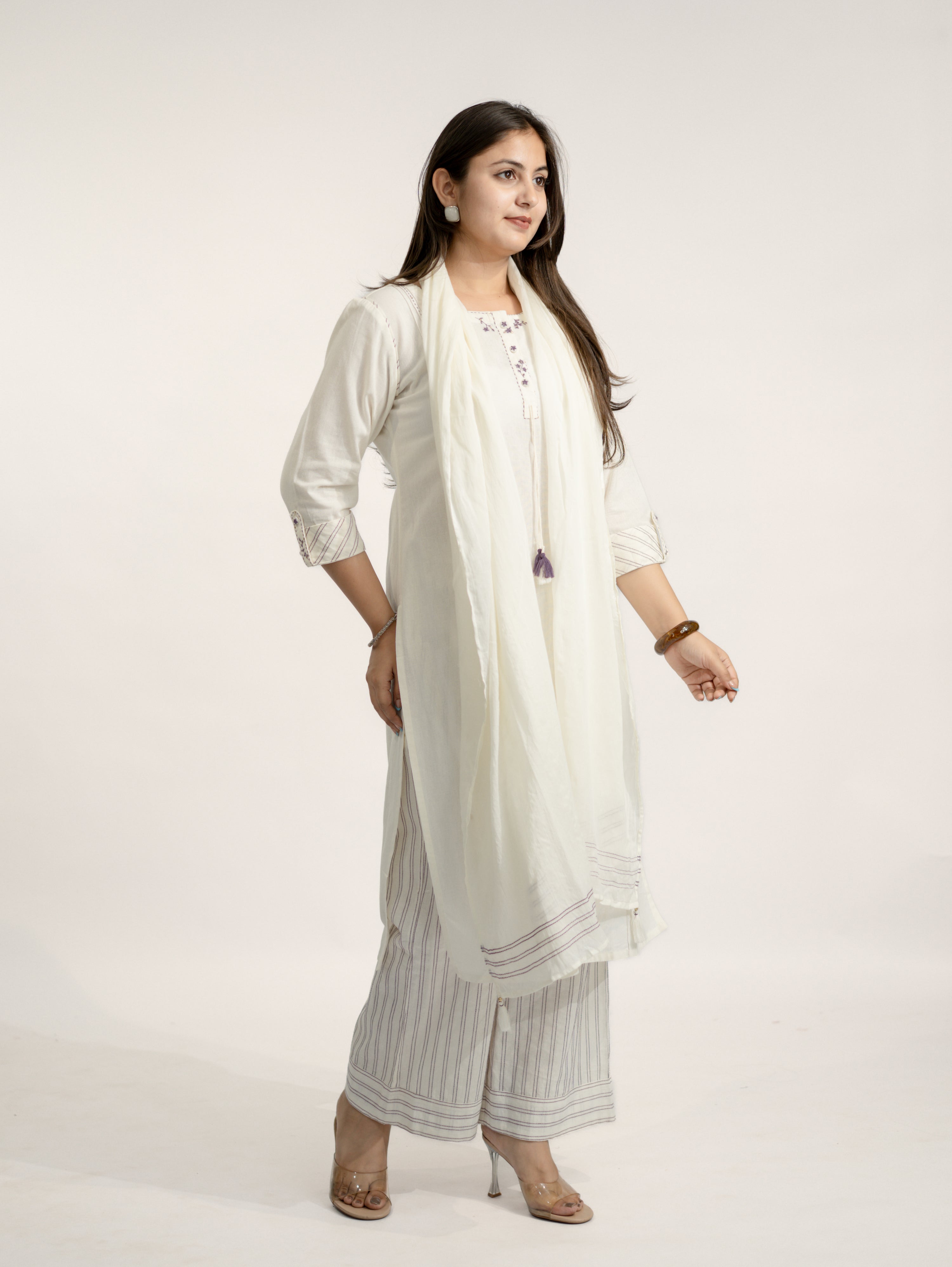 Rosha White Cotton Embroidered Straight Dupatta Set