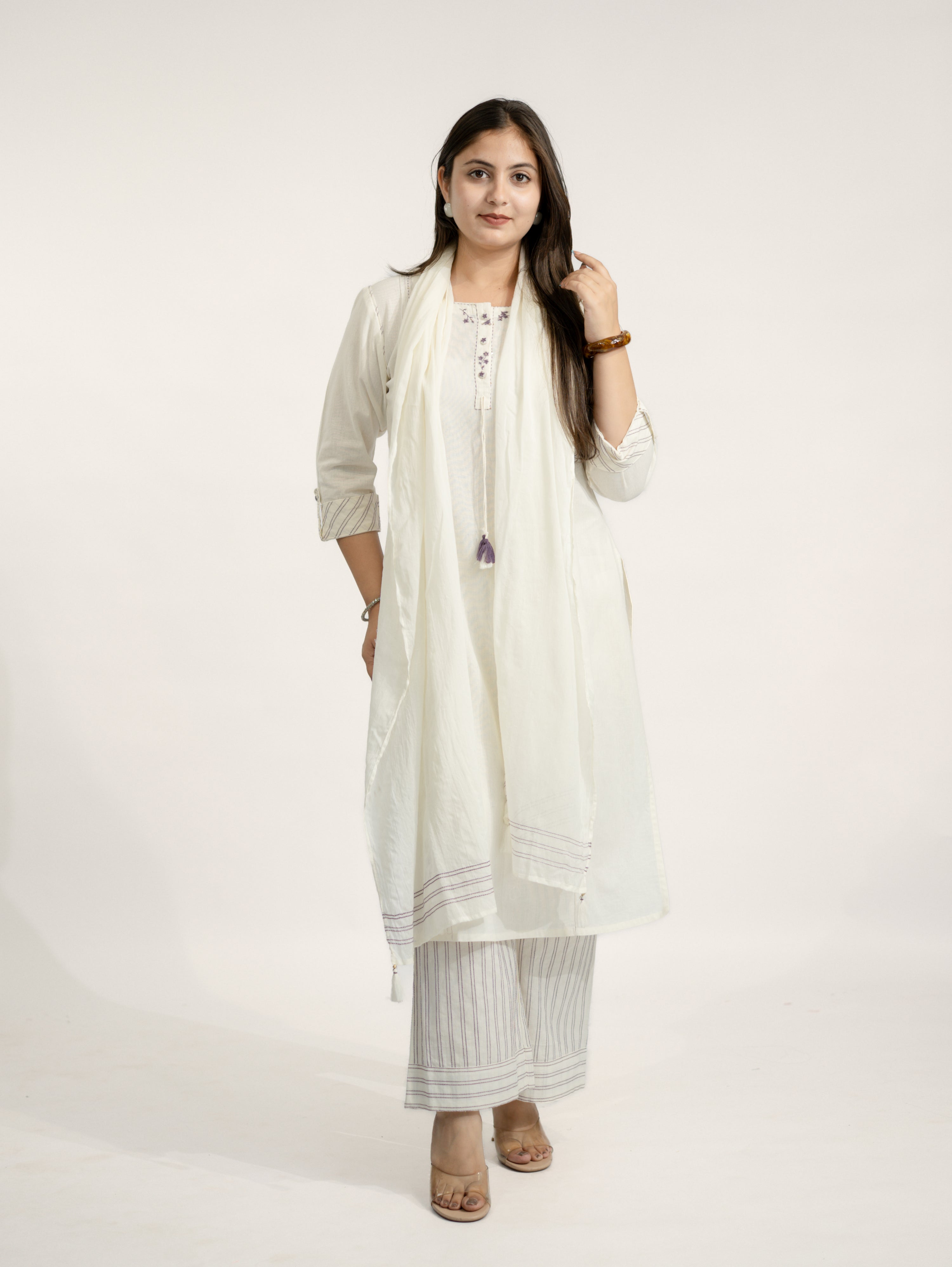 Rosha White Cotton Embroidered Straight Dupatta Set