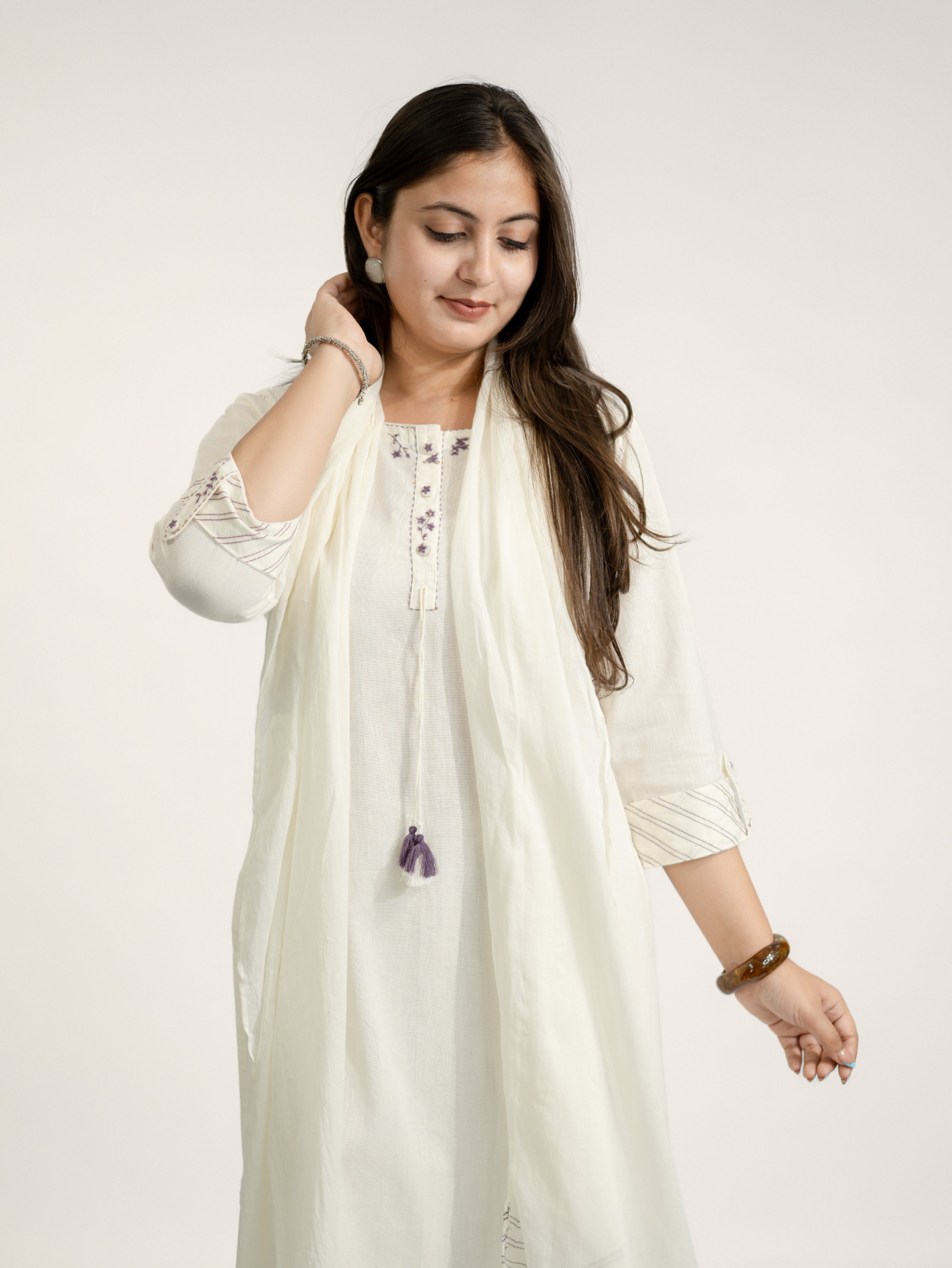 Rosha White Cotton Embroidered Straight Dupatta Set