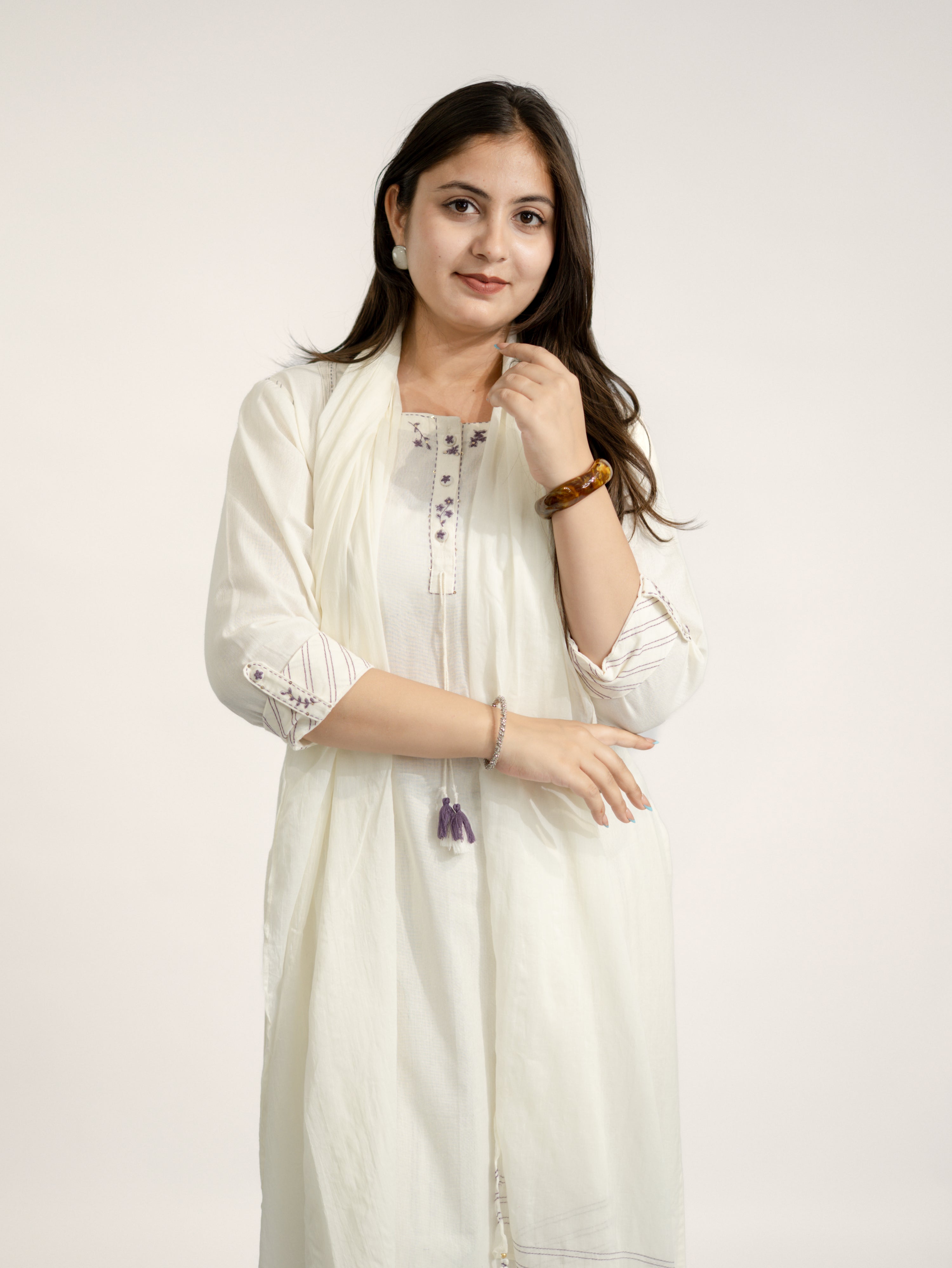 Rosha White Cotton Embroidered Straight Dupatta Set