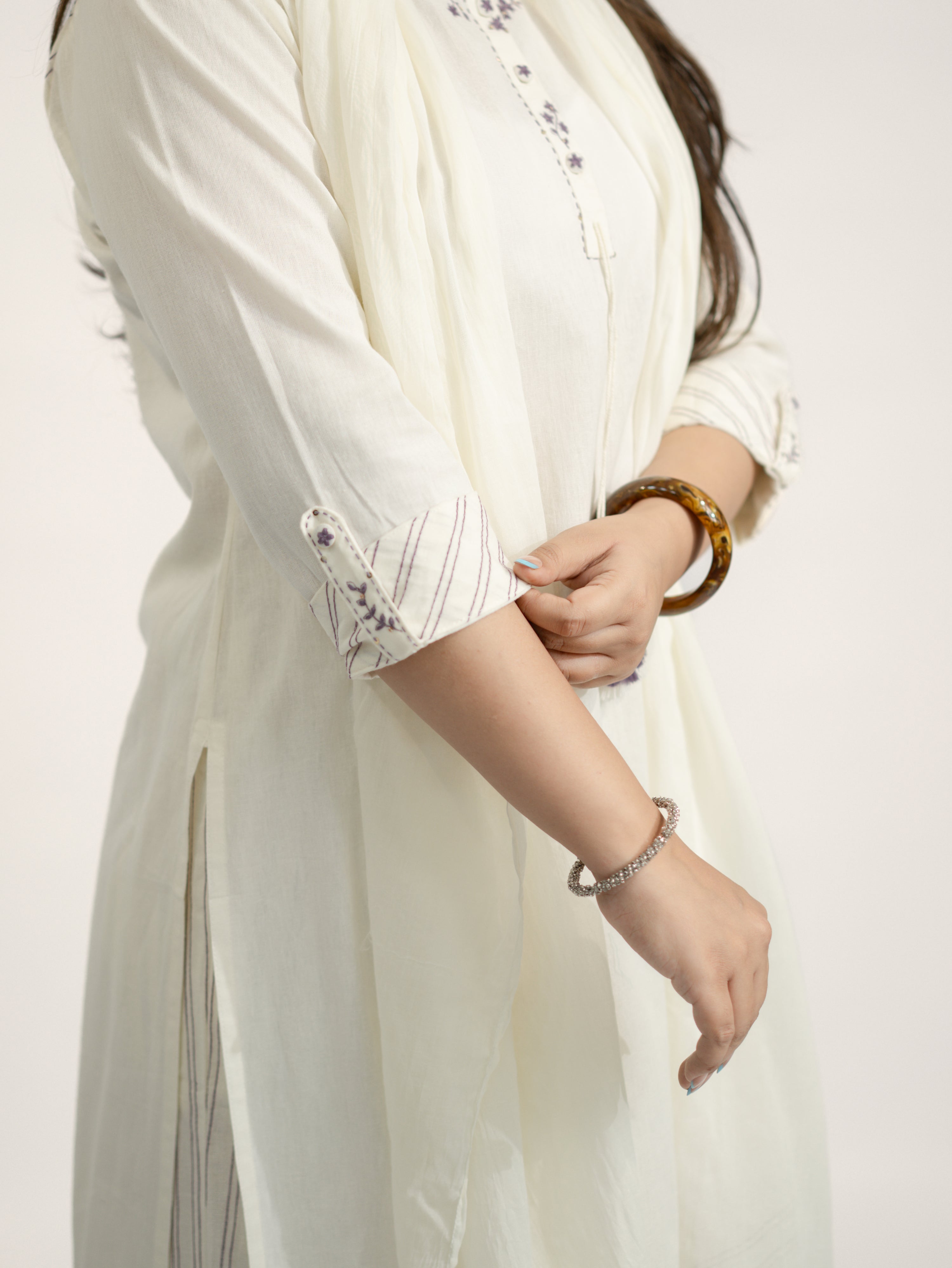 Rosha White Cotton Embroidered Straight Dupatta Set