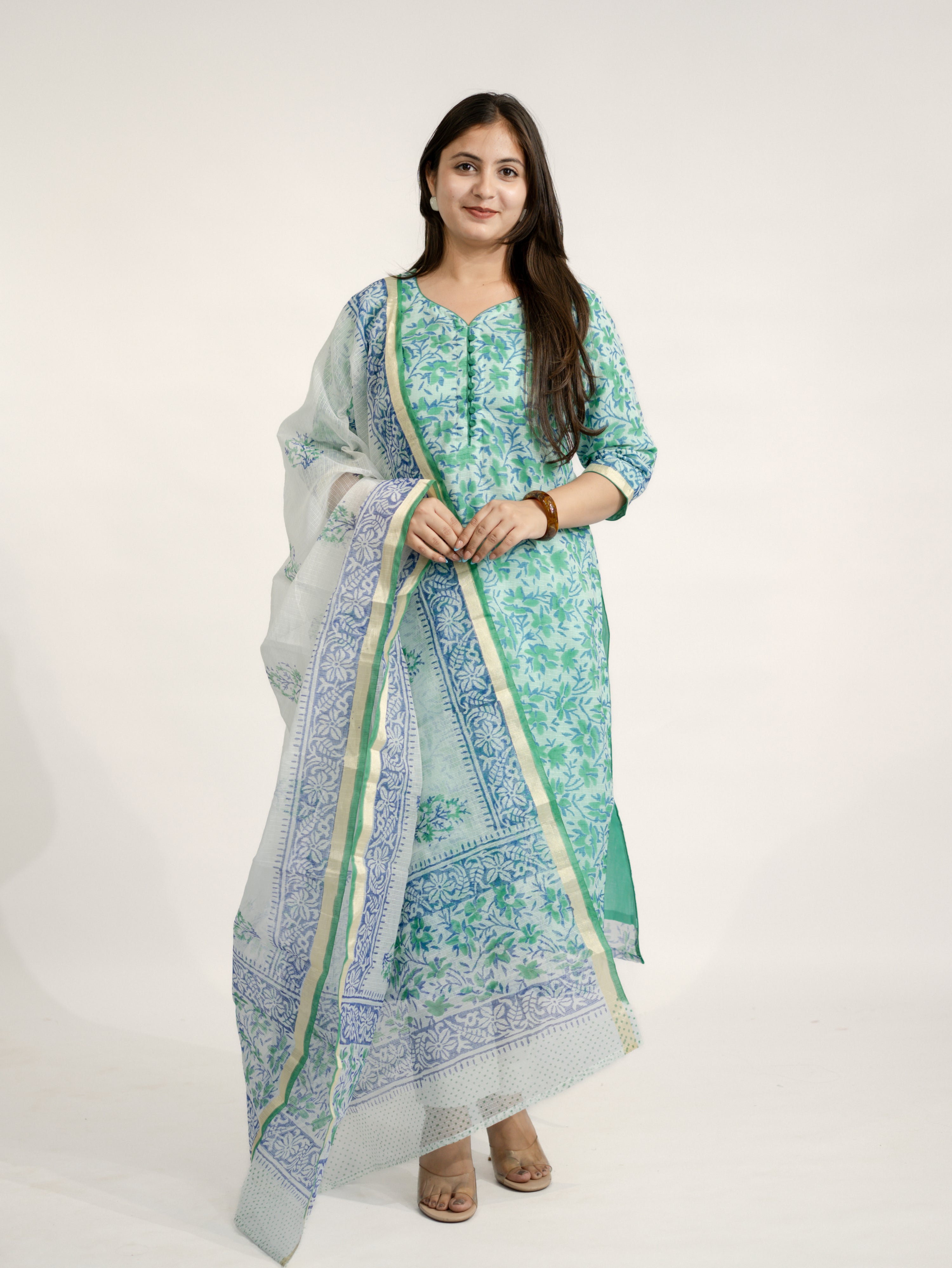 Zasha Kota Doria Handblock Straight Dupatta Set