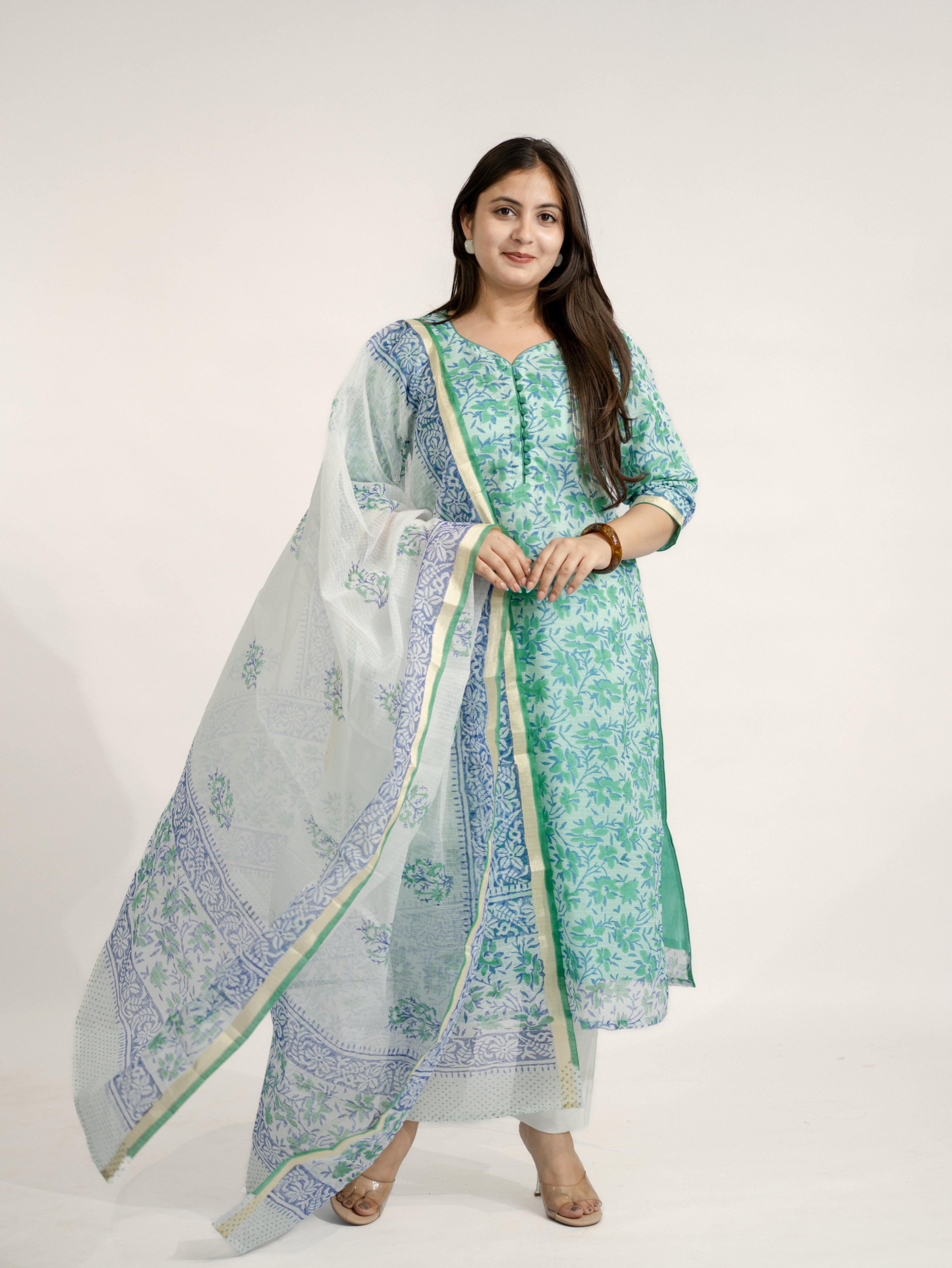 Zasha Kota Doria Handblock Straight Dupatta Set