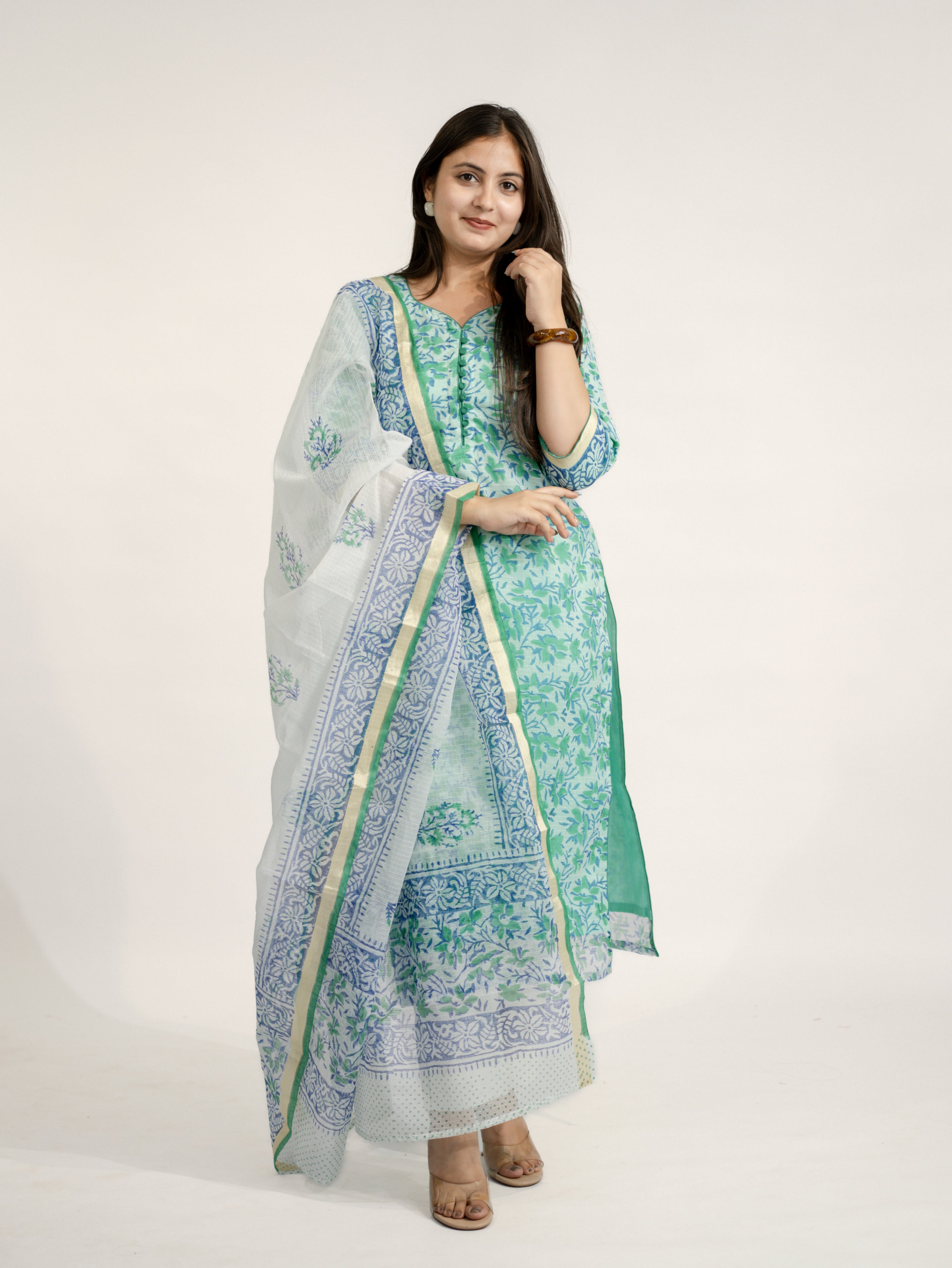 Zasha Kota Doria Handblock Straight Dupatta Set