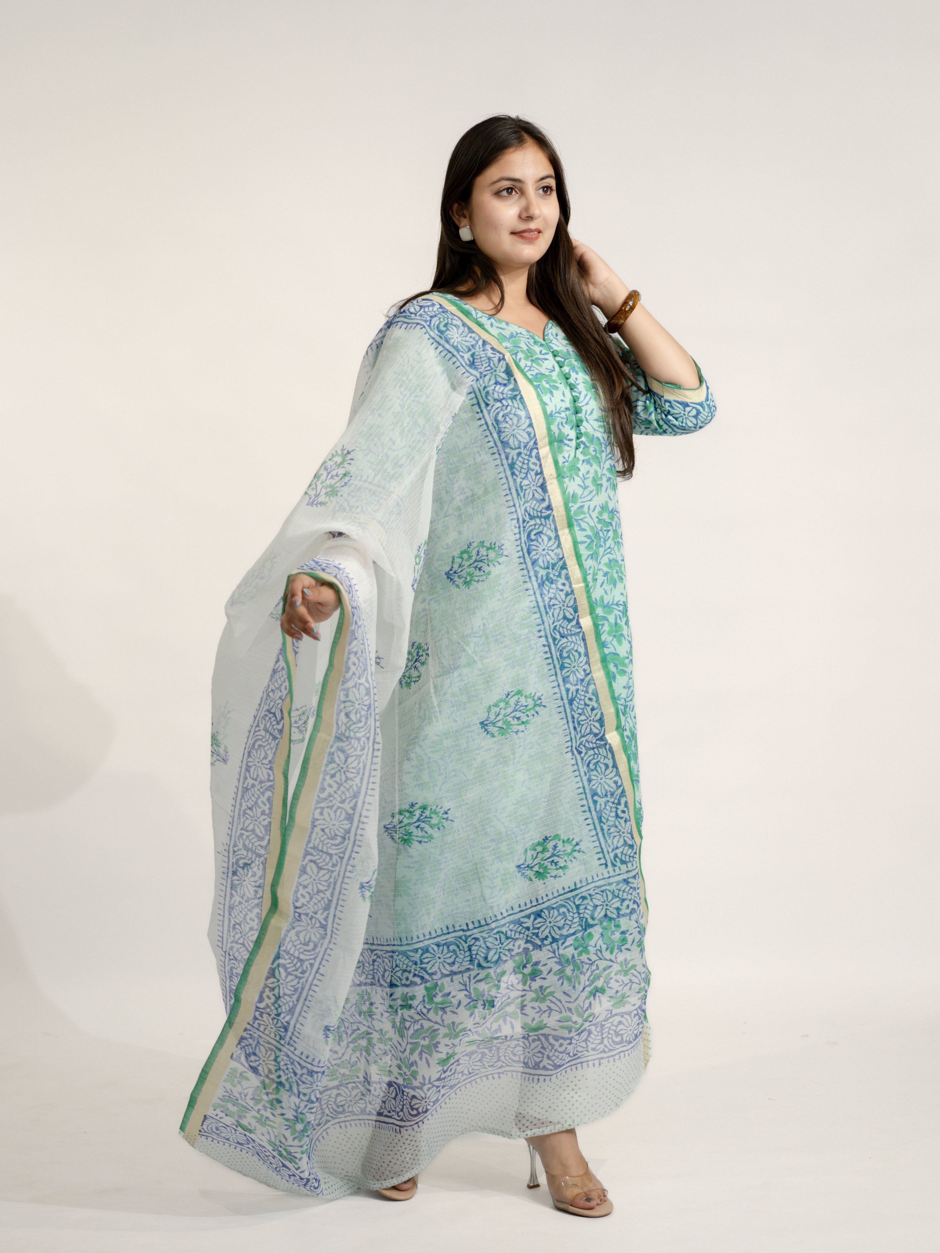 Zasha Kota Doria Handblock Straight Dupatta Set