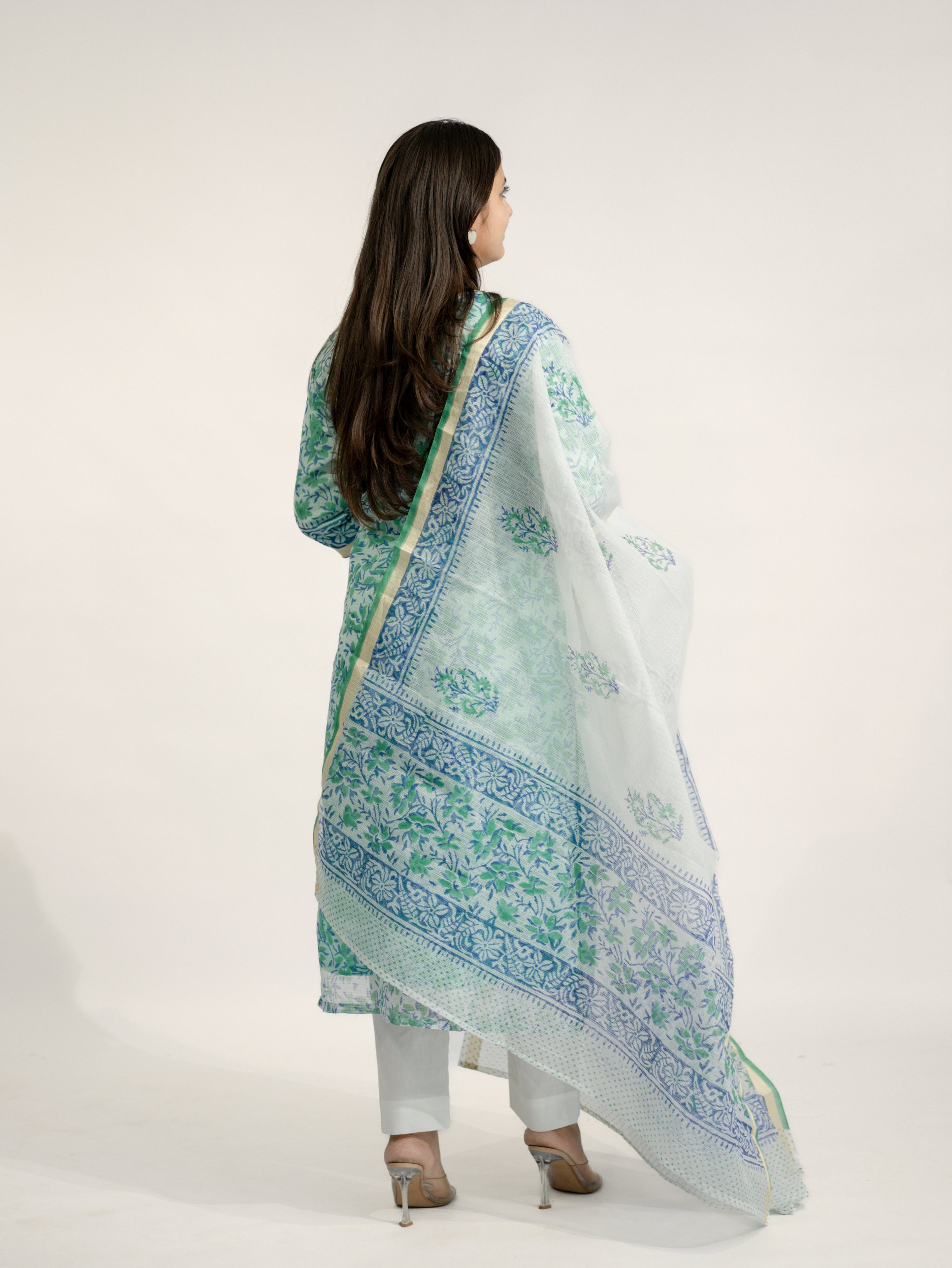 Zasha Kota Doria Handblock Straight Dupatta Set