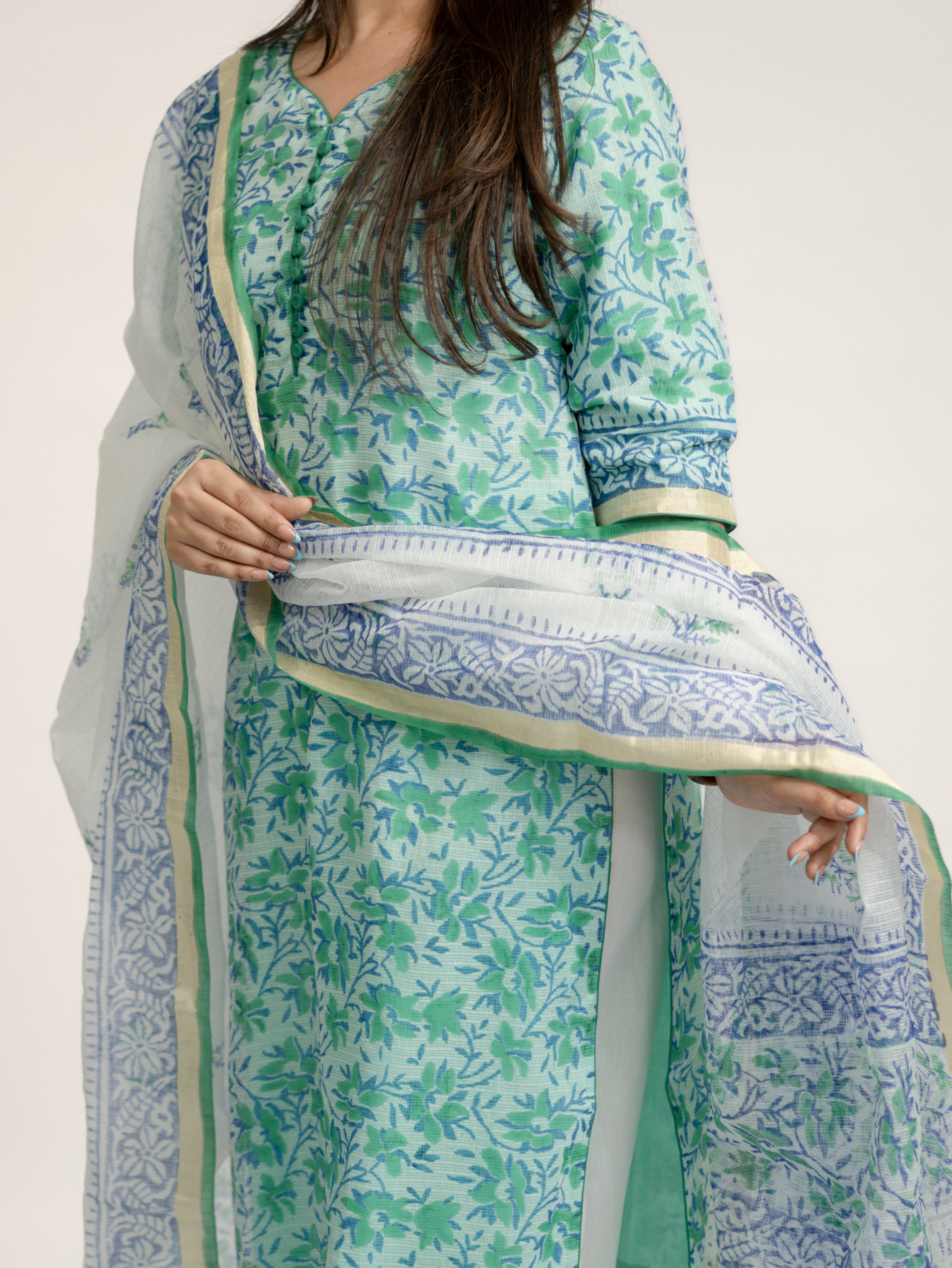 Zasha Kota Doria Handblock Straight Dupatta Set