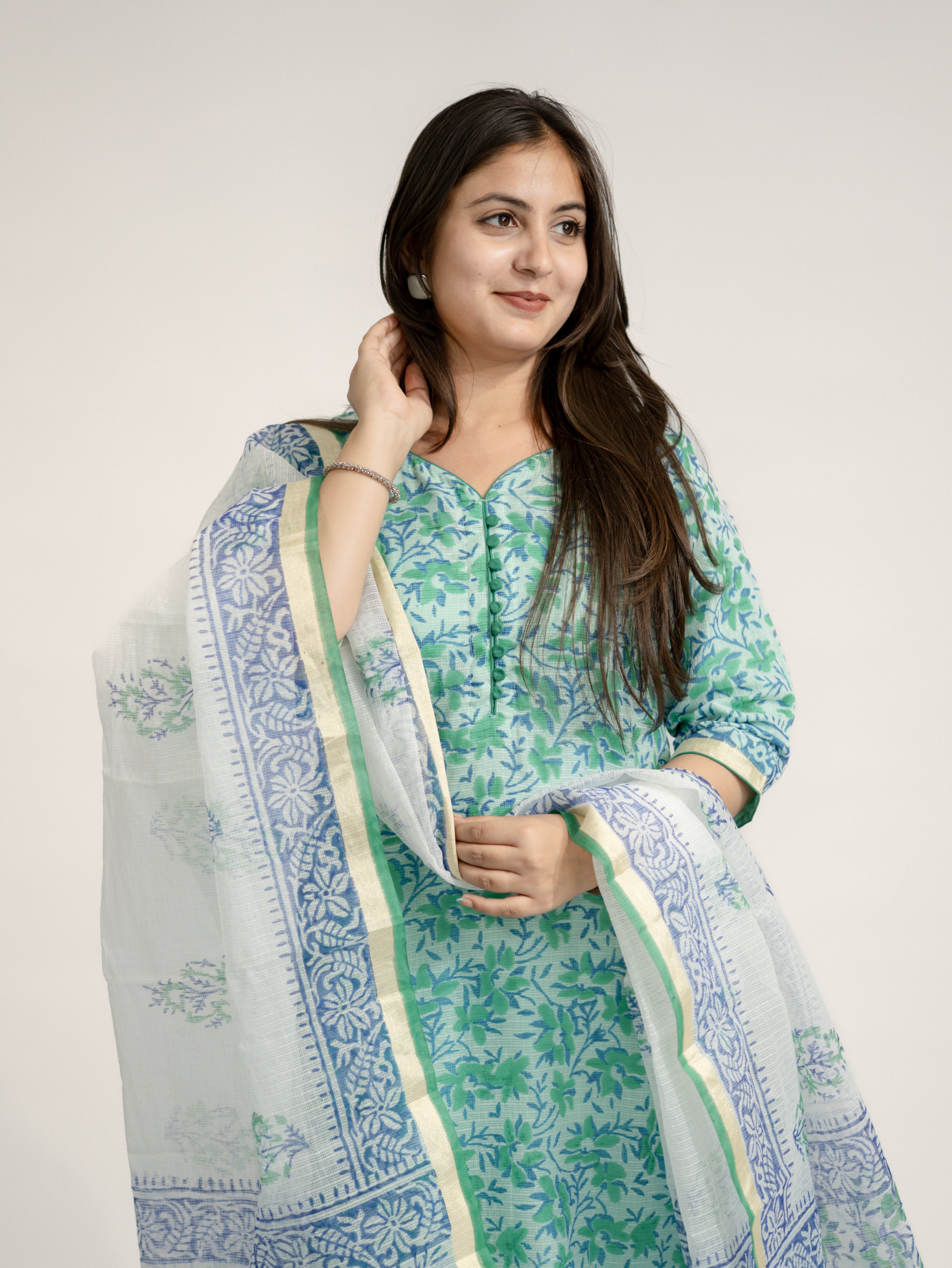 Zasha Kota Doria Handblock Straight Dupatta Set